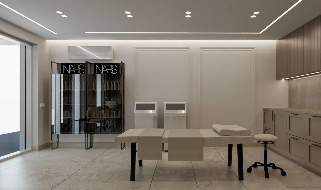 Modernus procedūrų kabinetas su masažo stalu ir kosmetikos spintelėmis (NARS).
