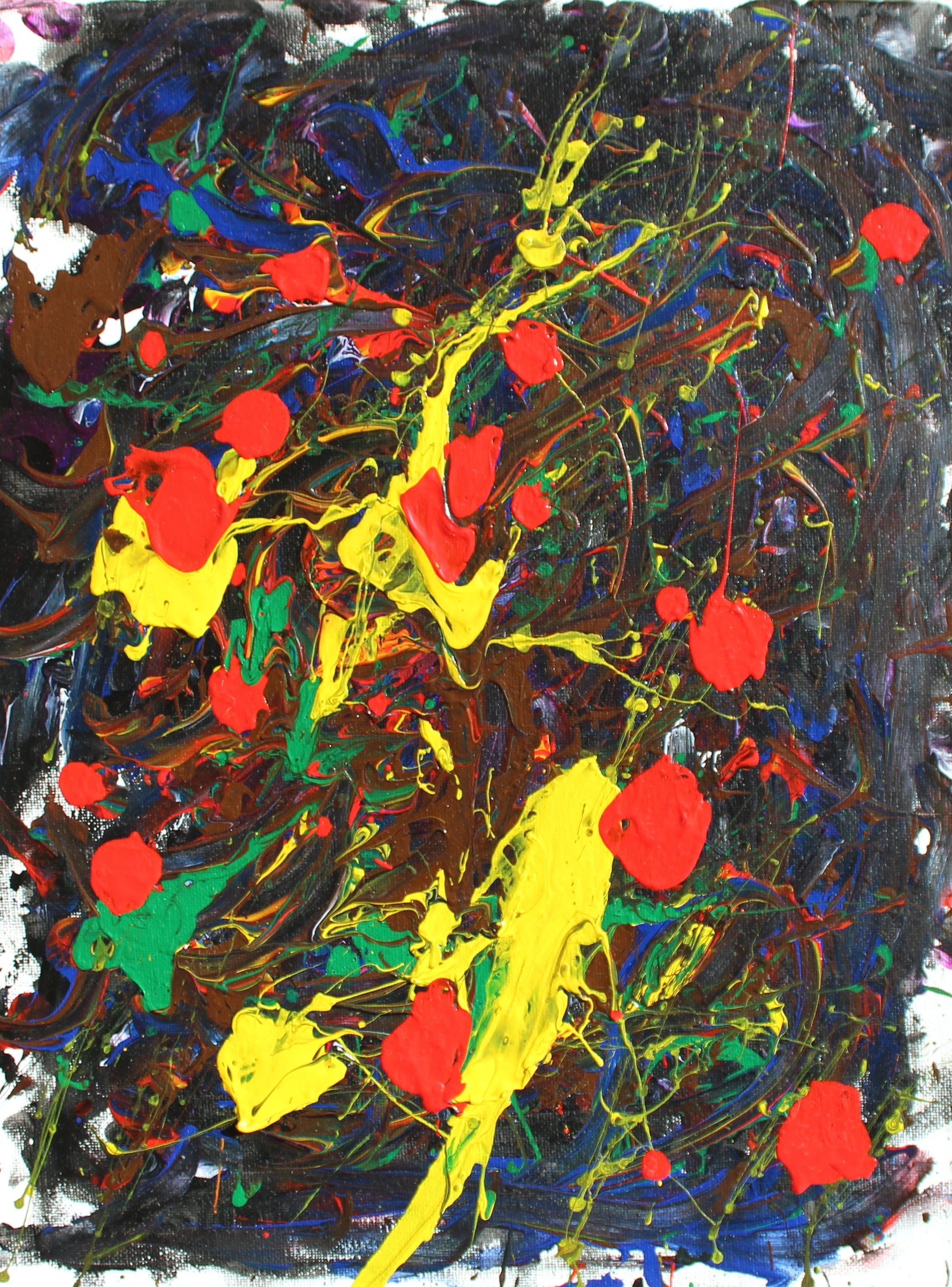 Abstract expressionist painting with splashes of red, yellow, green, blue, and black paint on a canvas.