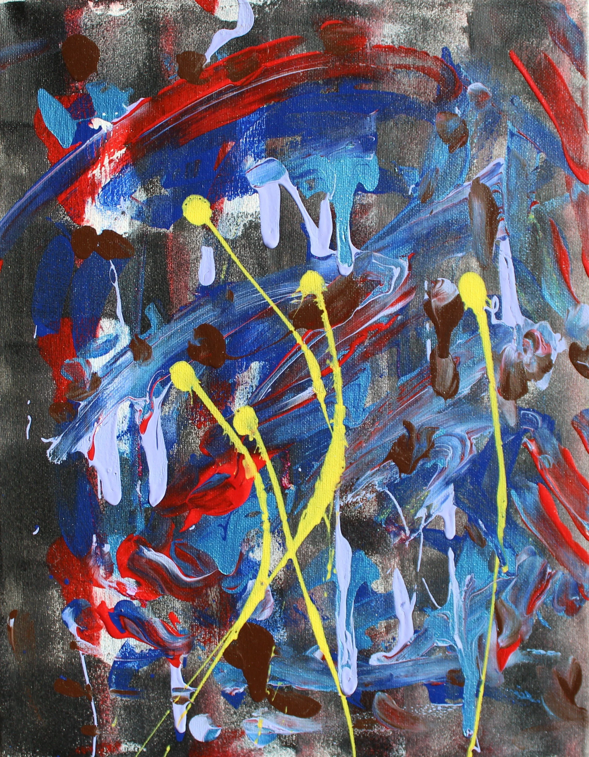 Abstract expressionist painting with bold strokes of red, blue, white, black, and yellow paint on a dark background.