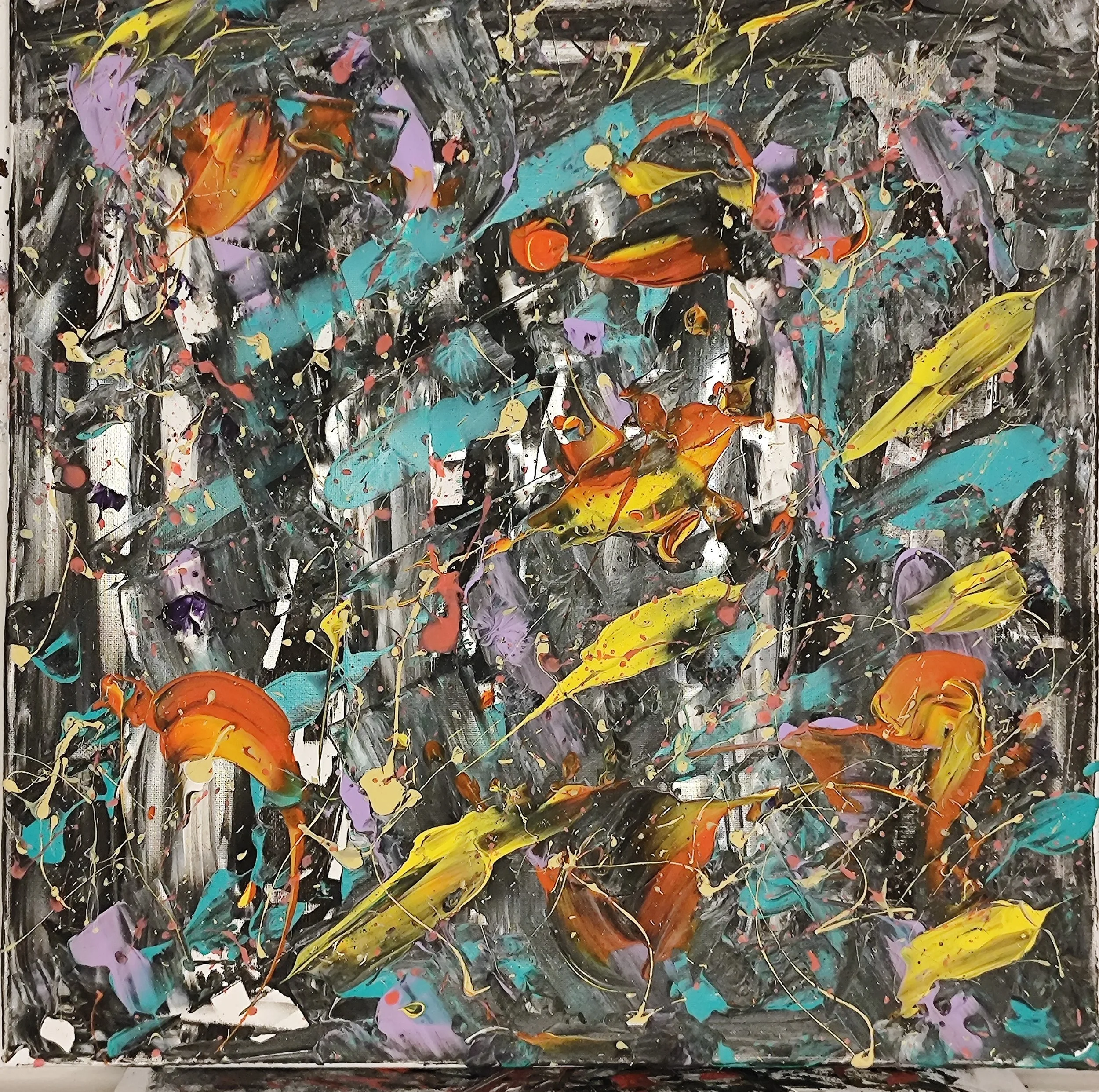 Abstract expressionist painting with thick black, gray, and white background and vibrant splashes of yellow, orange, blue, purple, and pink paint creating a dynamic, chaotic composition.