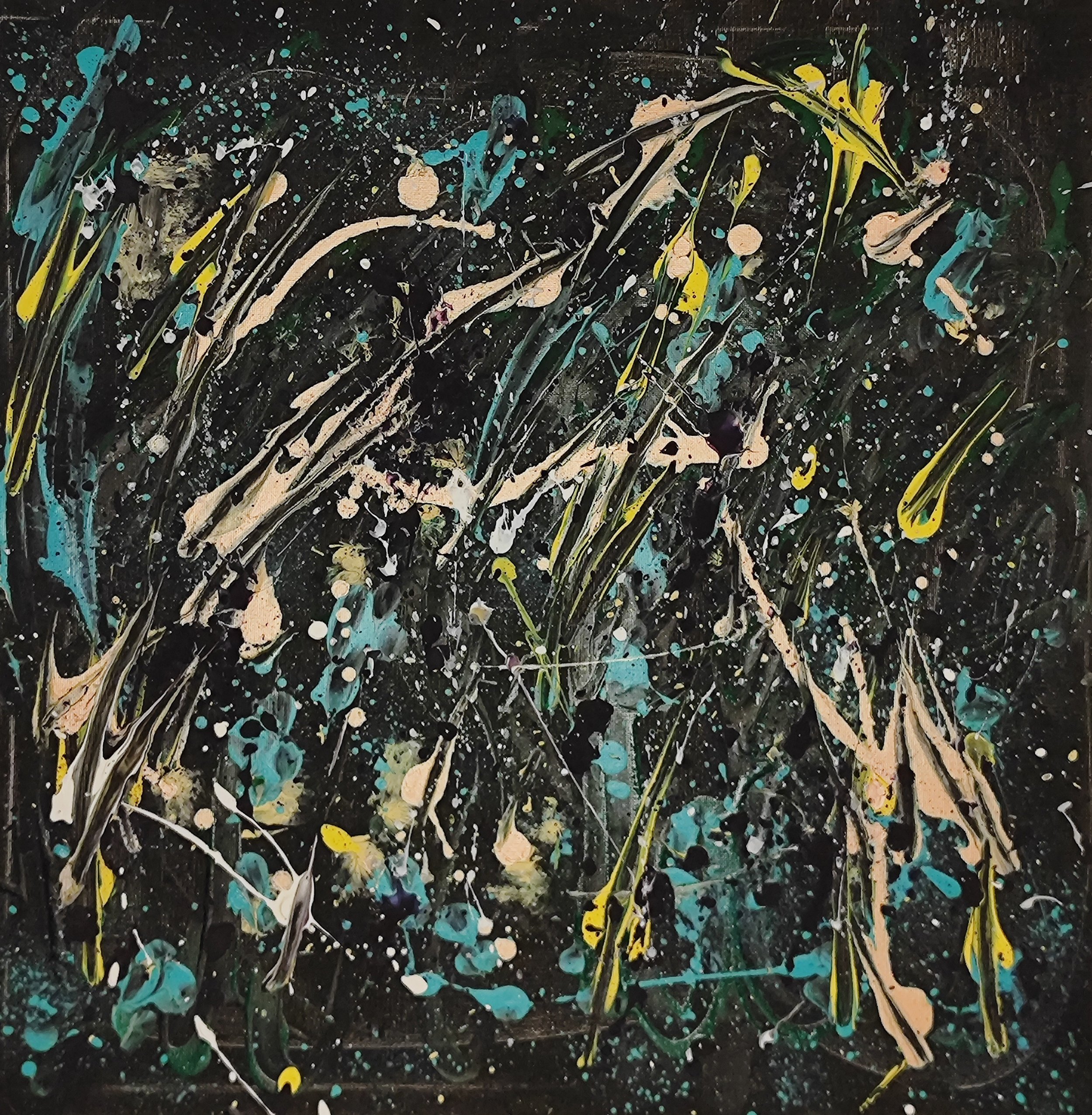 Abstract expressionist painting with black background, splashes and streaks of white, yellow, blue, and green paint.