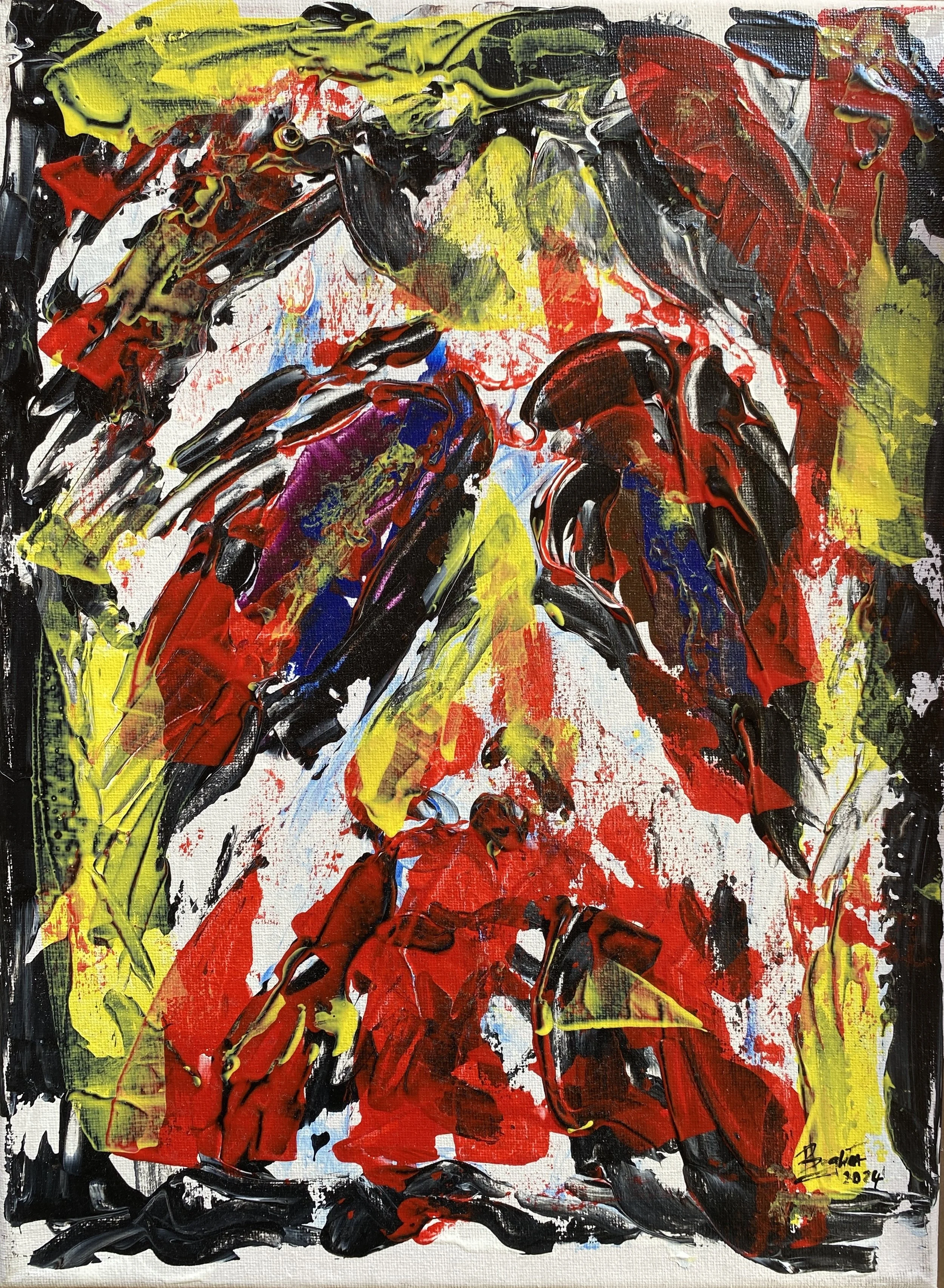 An abstract expressionist painting with vivid red, yellow, black, blue, and hints of green colors, created with thick, textured brushstrokes and splatters on a canvas.