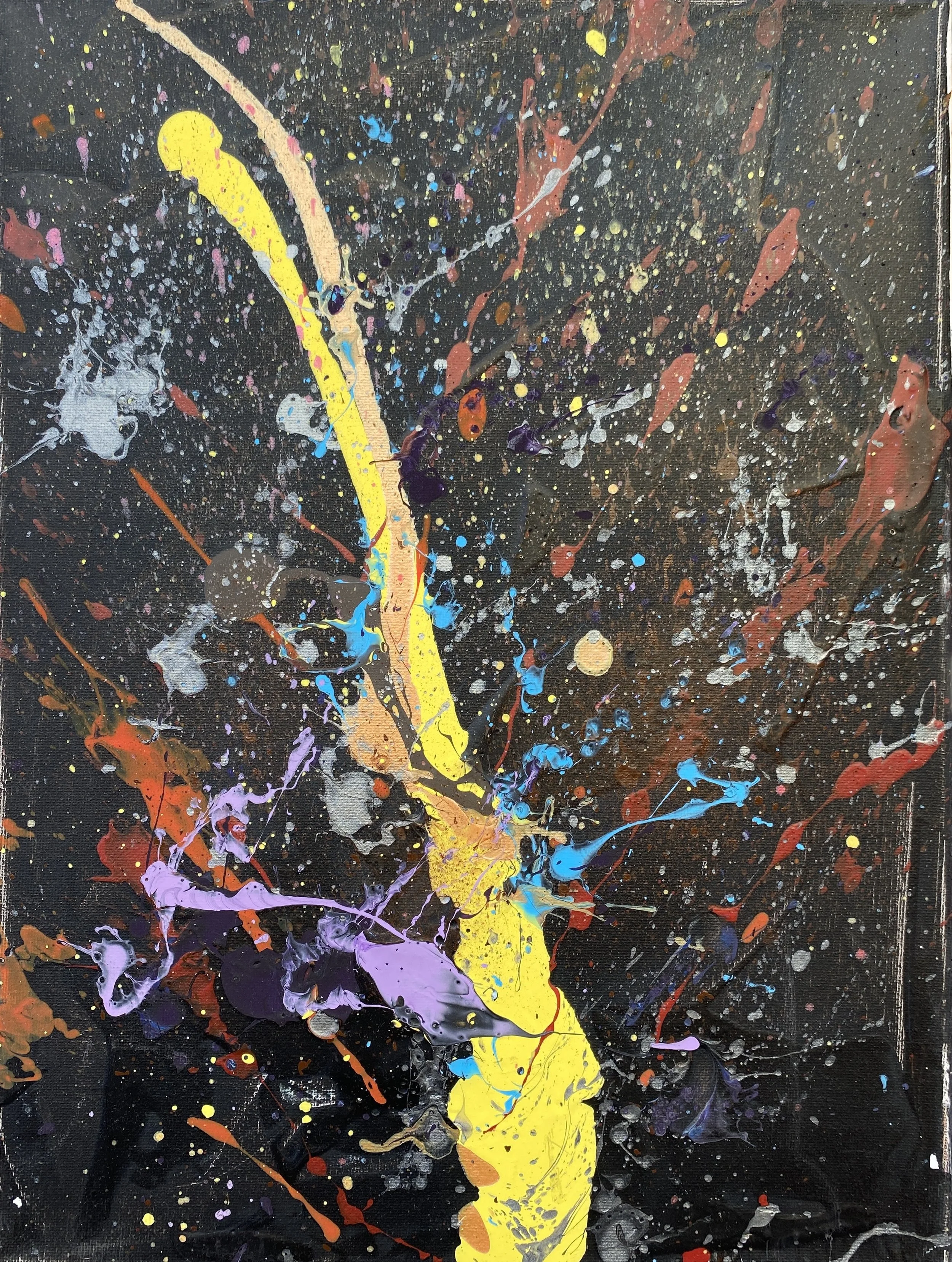 An abstract expressionist painting featuring a black background with splashes of vibrant colors such as yellow, purple, orange, red, blue, and white, creating a dynamic and chaotic composition.