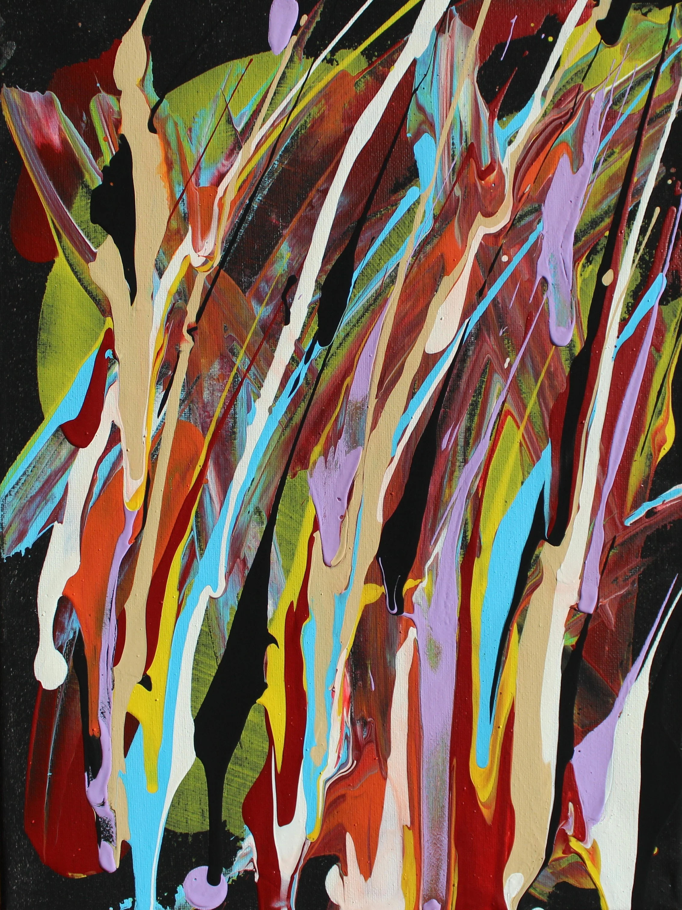 Abstract painting with multicolored drips and splatters of paint, including black, red, yellow, purple, blue, and white on a black background.
