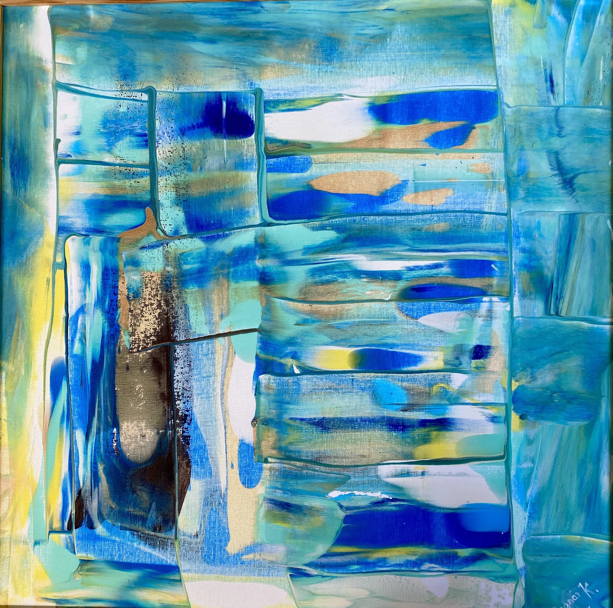 Abstract painting with shades of blue, green, yellow, black, and white, featuring rectangular and irregular shapes.