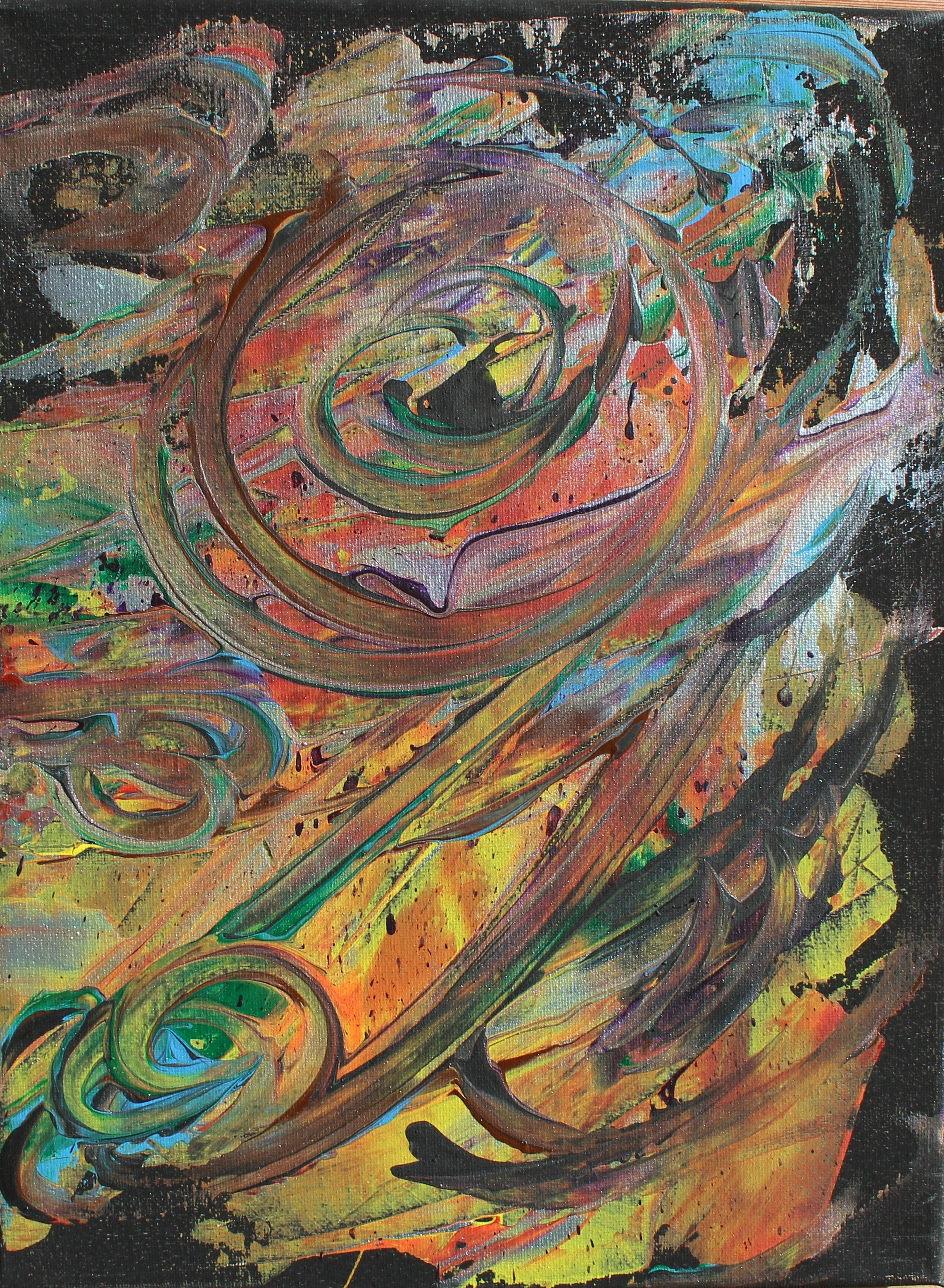 Abstract painting featuring swirls and vibrant colors like orange, yellow, pink, green, and blue with black accents.