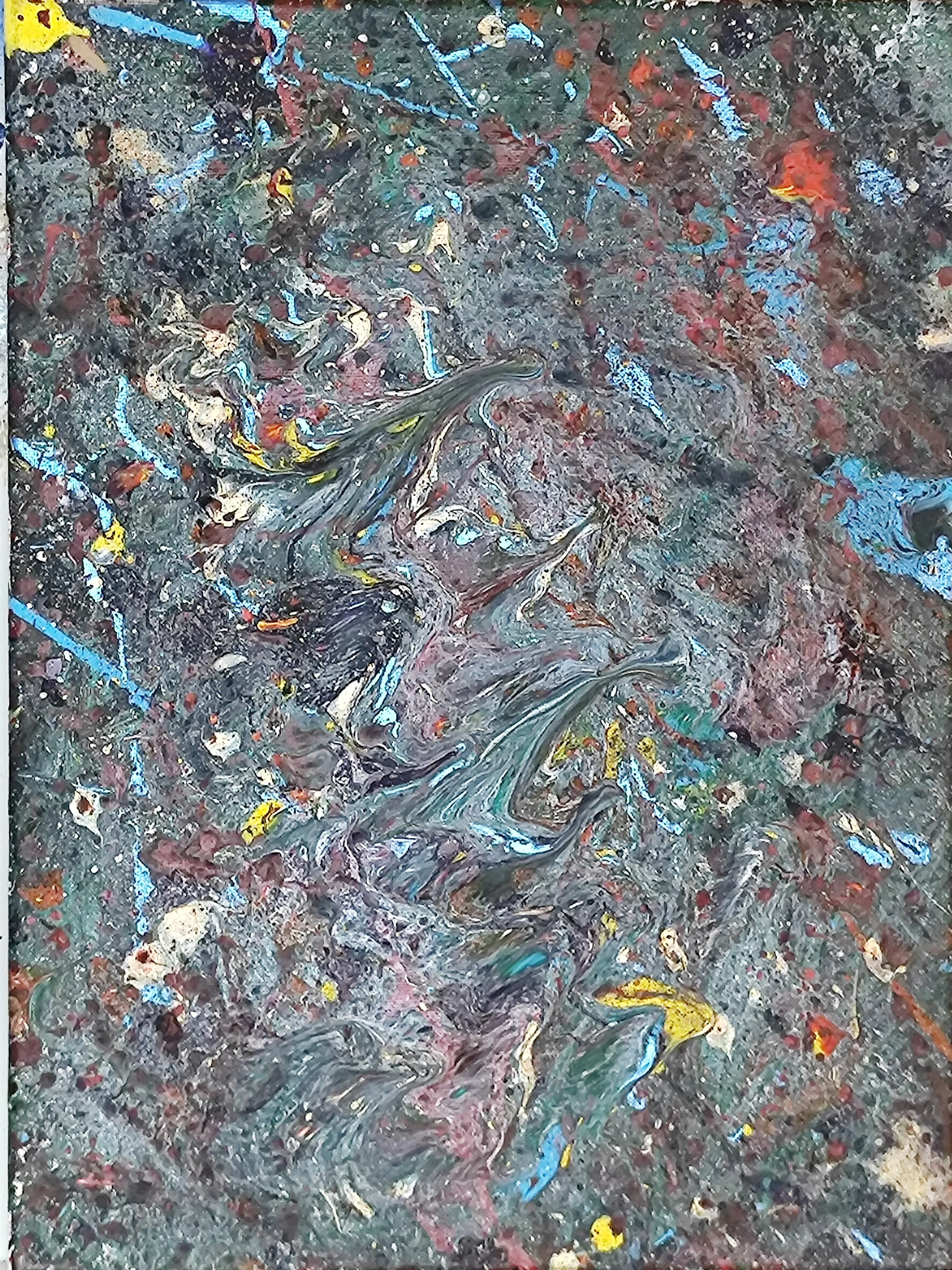 Close-up of an abstract painting with swirling textures, splashes of blue, yellow, white, and red paint amid a predominantly dark, textured background.