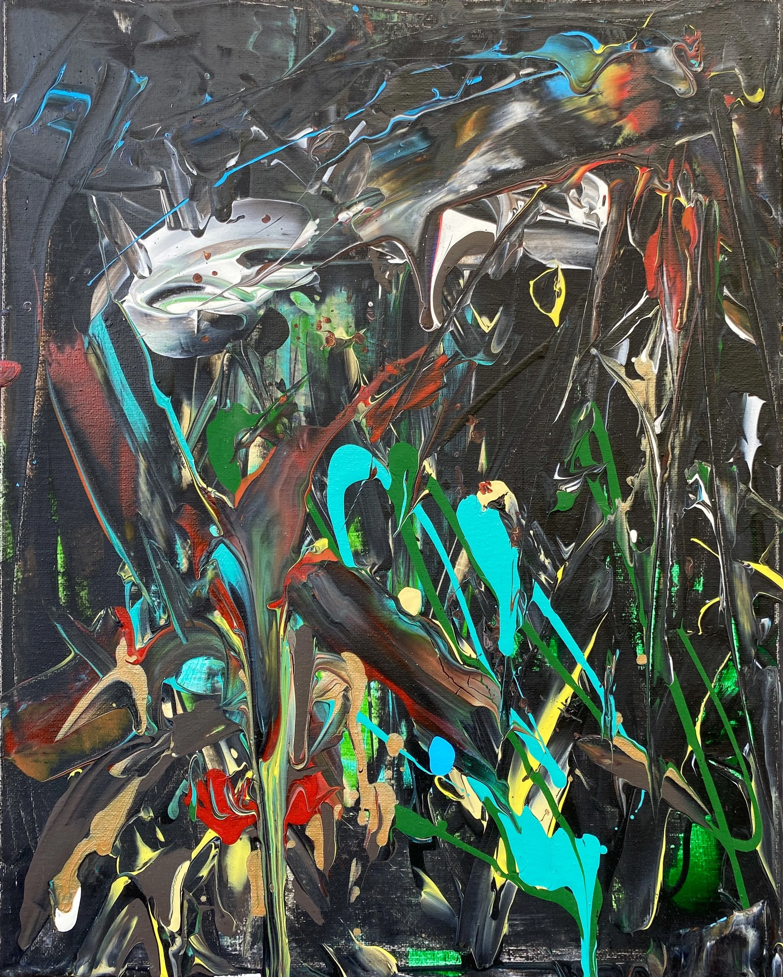 Abstract expressionist painting with bold, sweeping strokes and splashes of vibrant colors including red, blue, yellow, green, white, and black on a dark background.