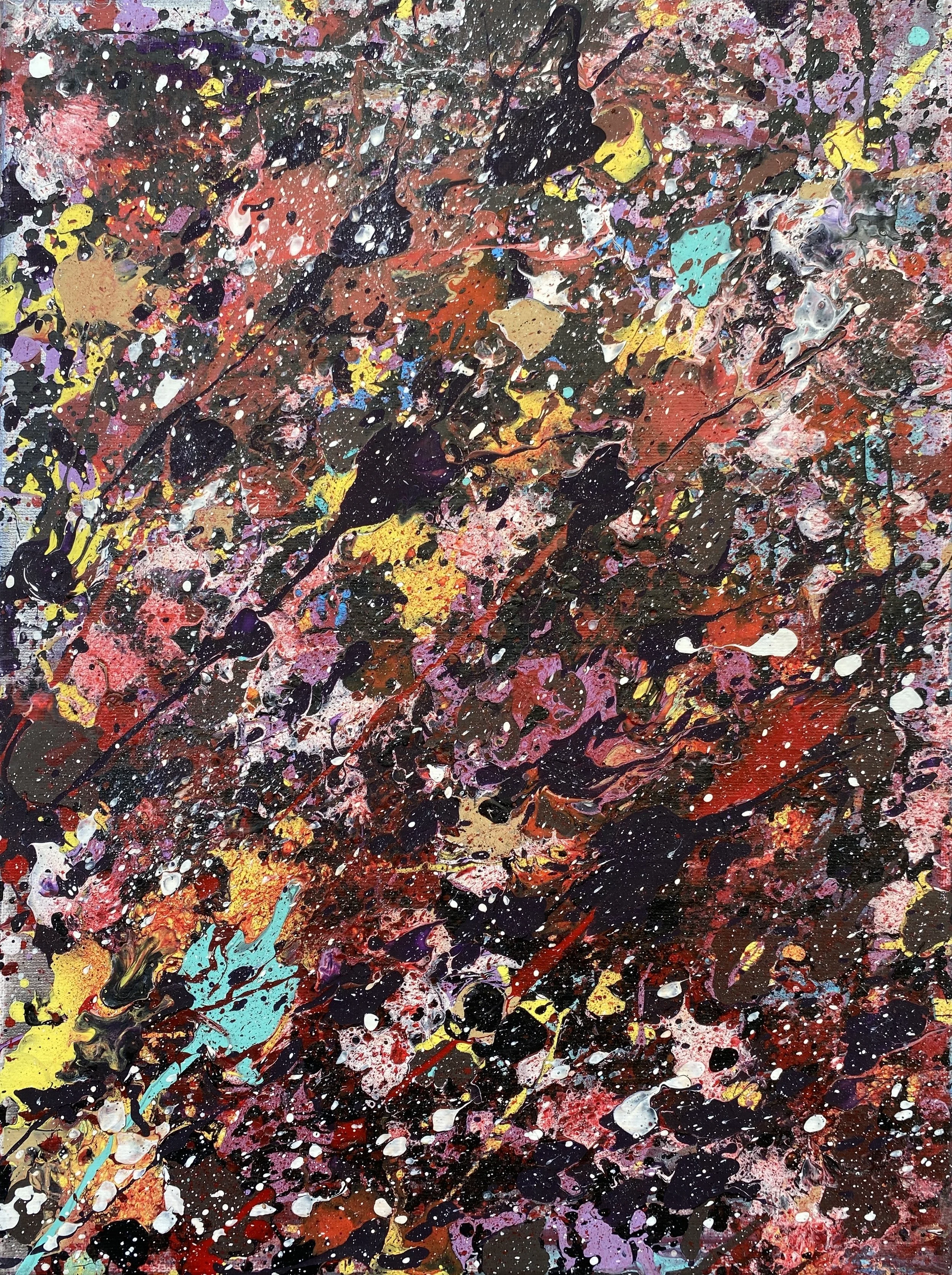 Abstract expressionist painting with splatters and drips of various bright colors including black, white, red, yellow, purple, and blue on a dark background.