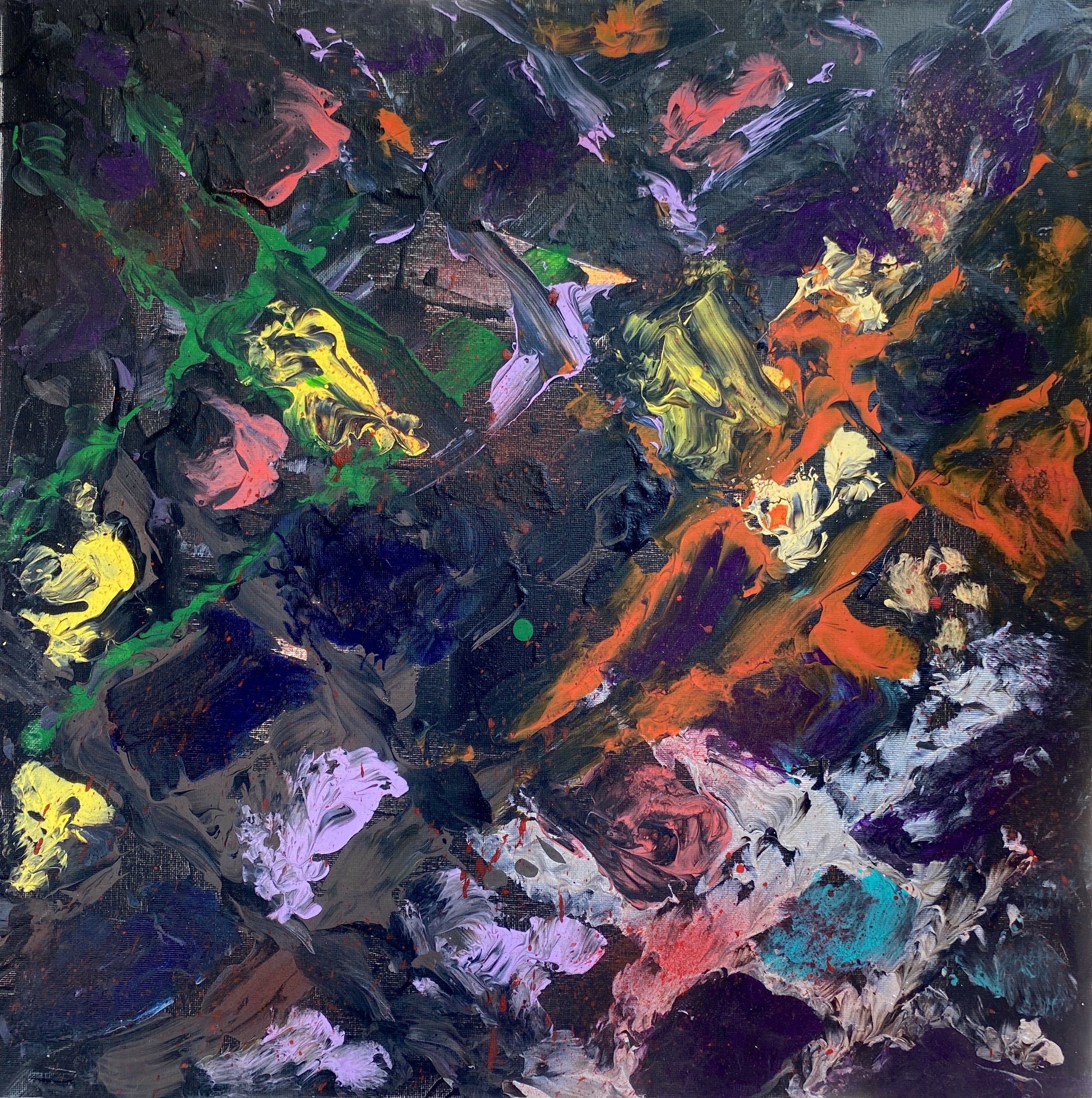 An abstract painting with bold, colorful brushstrokes on a dark background. The painting features splashes of vibrant yellow, green, purple, red, orange, and white, creating a dynamic and textured composition.