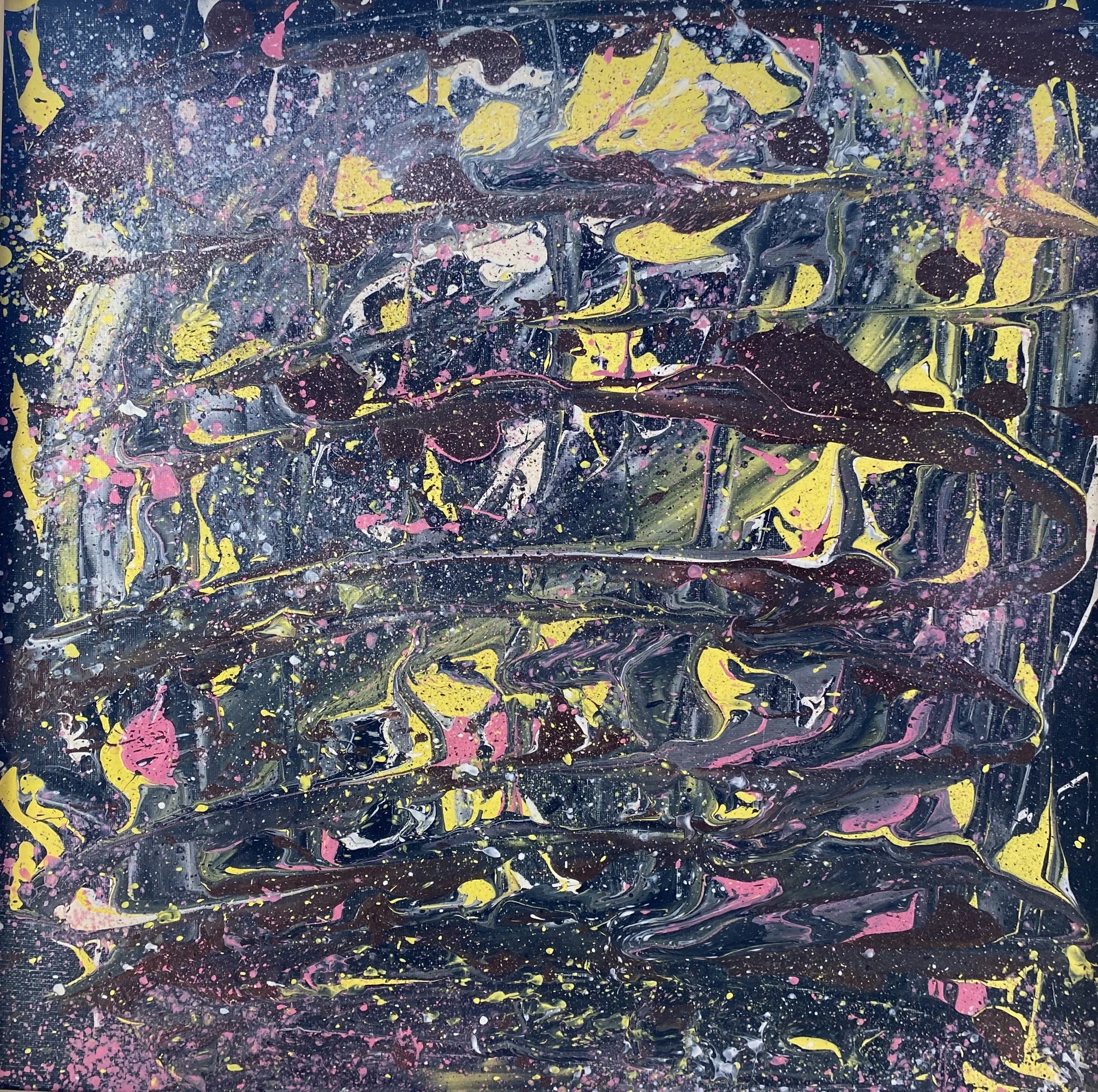 Abstract splatter painting with yellow, pink, white, black, and gray paint on a dark background.