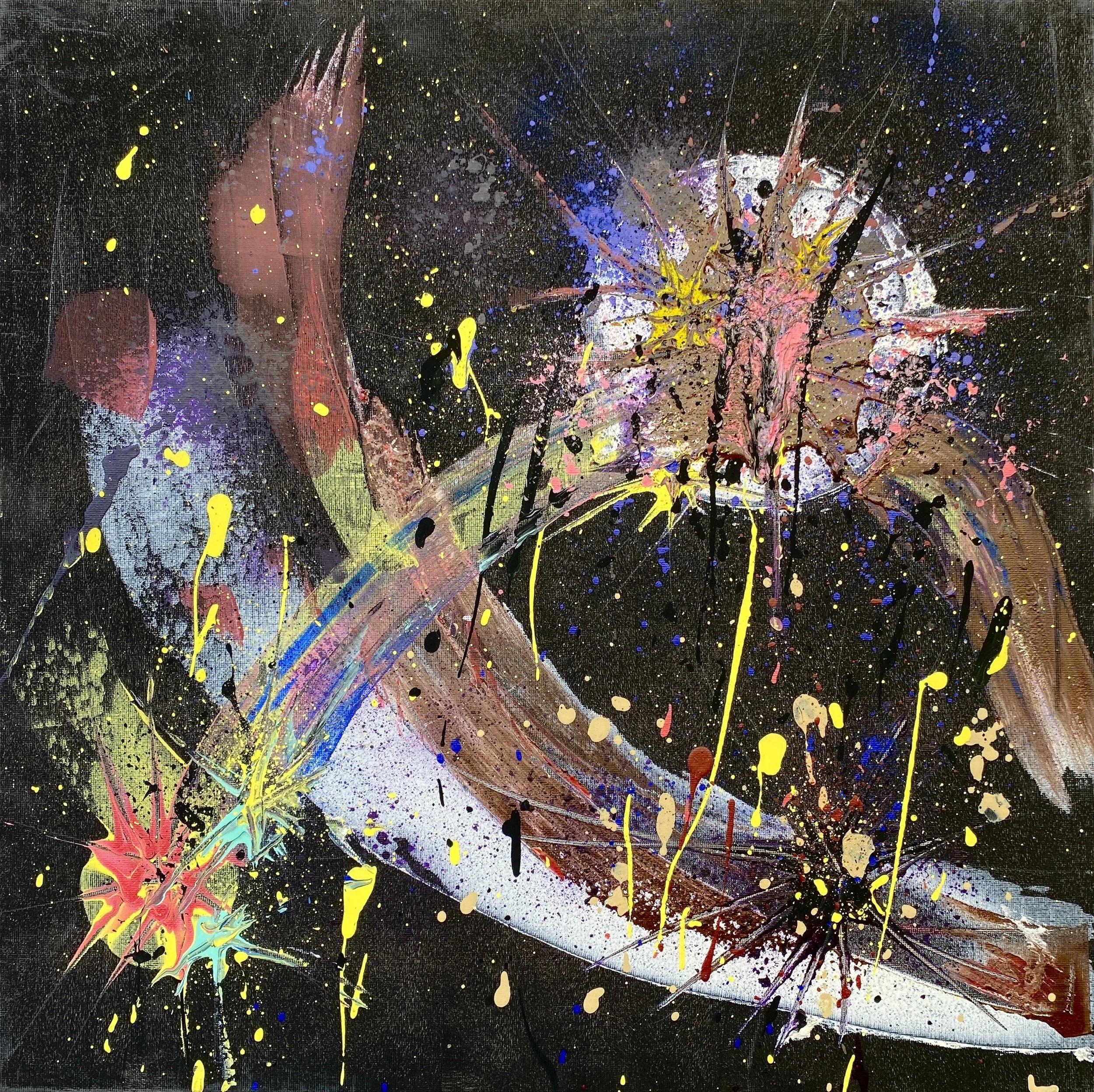 Abstract painting with black background, colorful splashes of pink, yellow, blue, purple, and white paint, with dynamic streaks and splatters throughout.