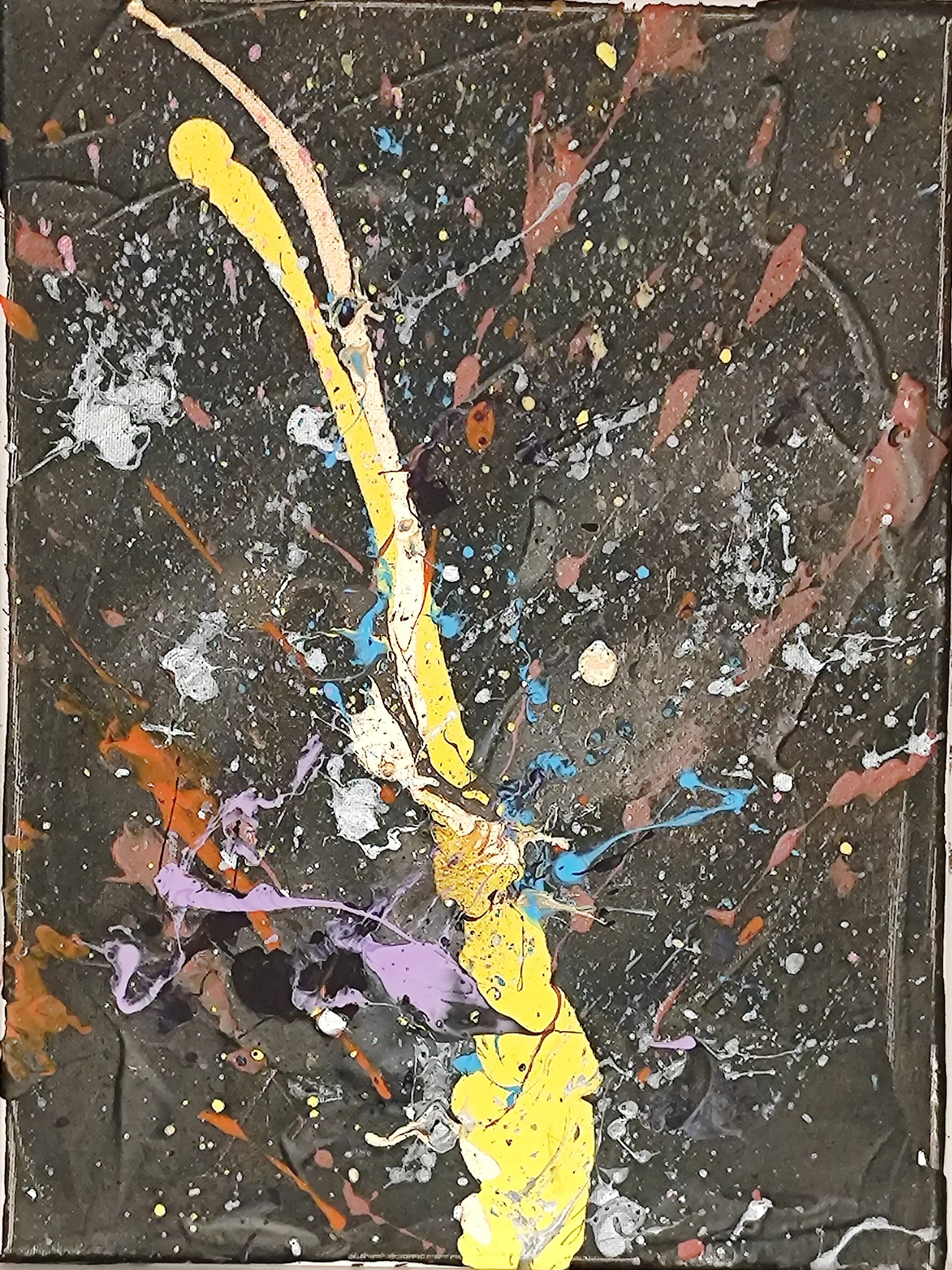 Abstract expressionist painting with a black background, featuring a prominent yellow, blue, and white splatter design.