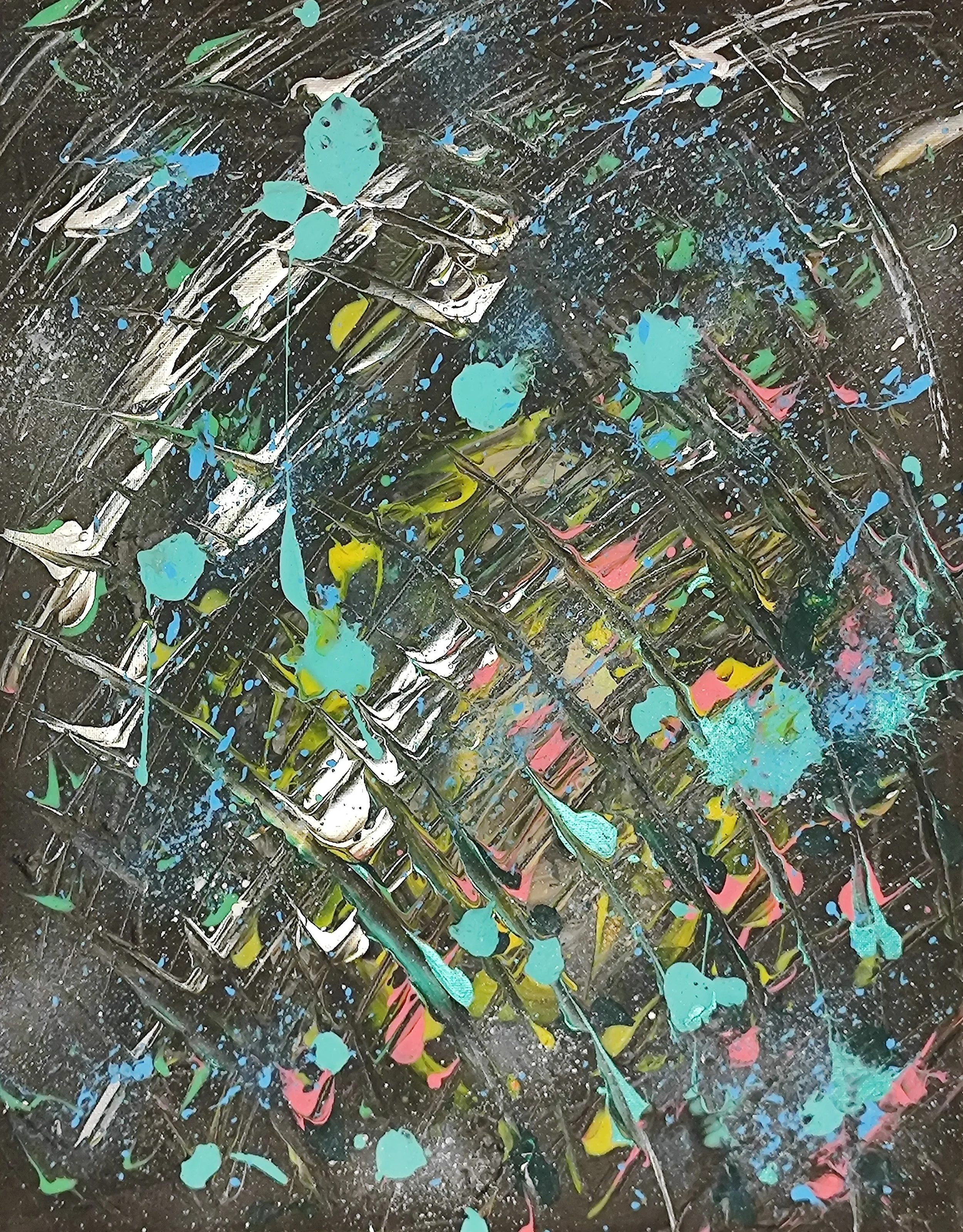 Abstract painting with streaks and splashes of blue, pink, yellow, and green paint on a black surface.