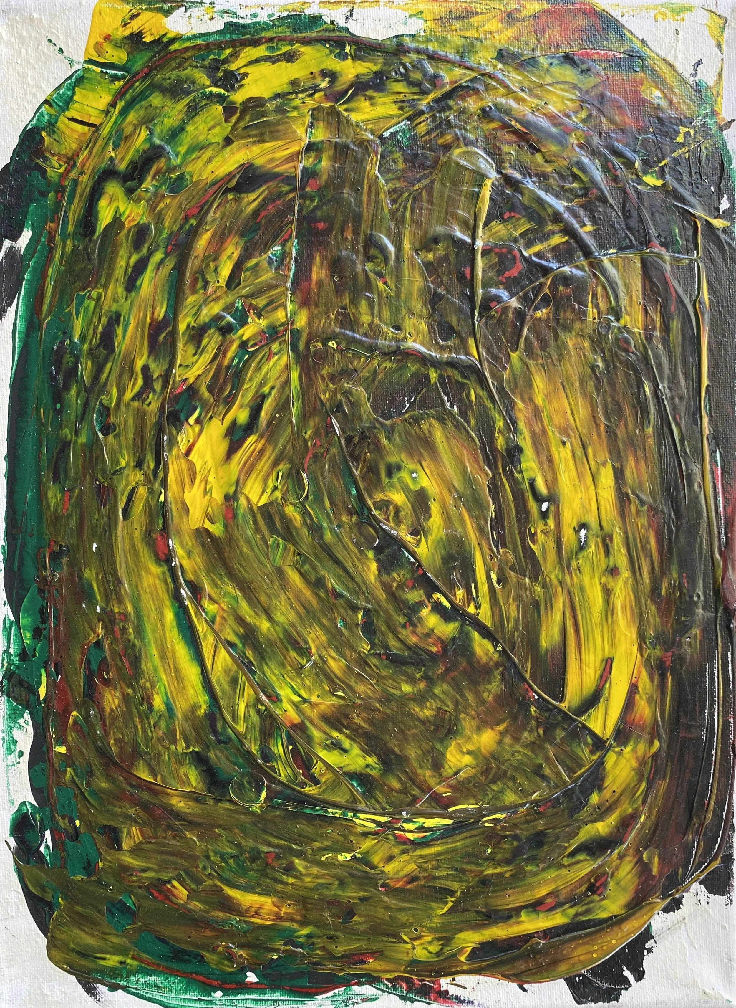 Abstract expressionist painting featuring thick, swirling strokes of yellow, green, brown, black, and hints of red, with textured and layered paint creating a dynamic and vibrant surface.