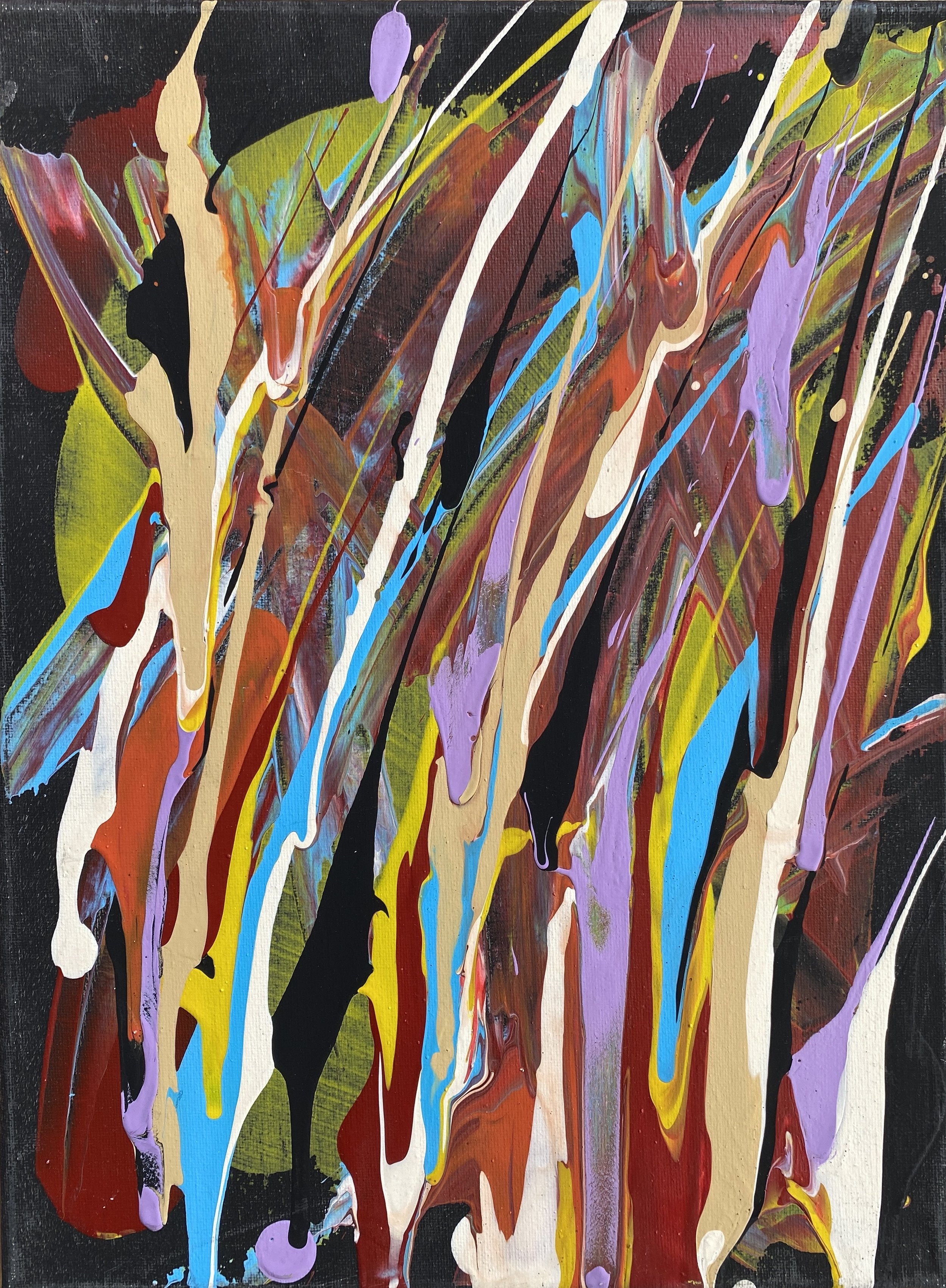 Abstract expressionist painting with multicolored vertical drips and splashes of paint on a black background.