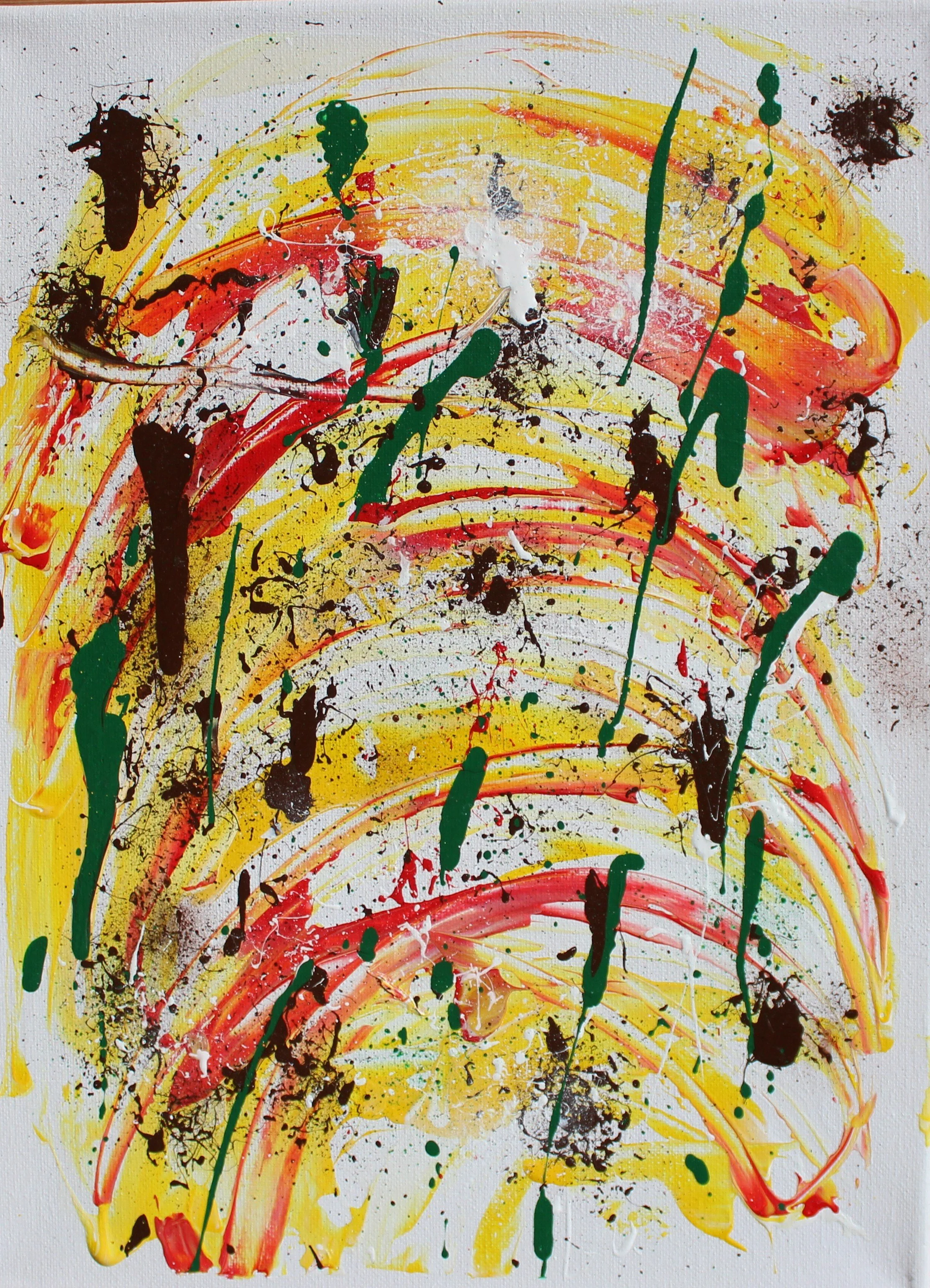 Abstract painting with curved brush strokes in red, yellow, and orange, overlaid with splatters and drips of black, green, and white paint.