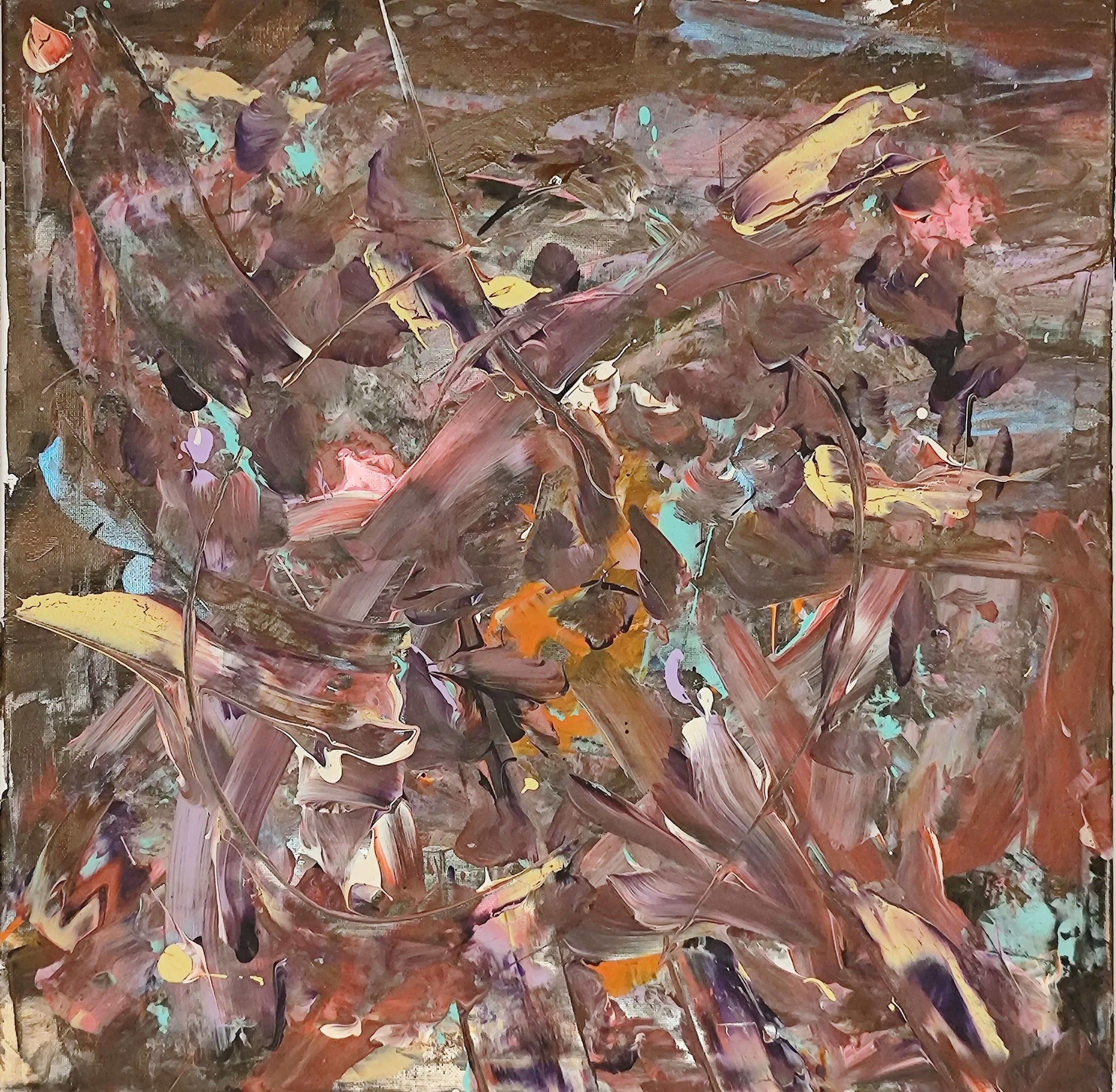 Abstract painting with bold, sweeping strokes of pink, purple, yellow, teal, and brown colors.