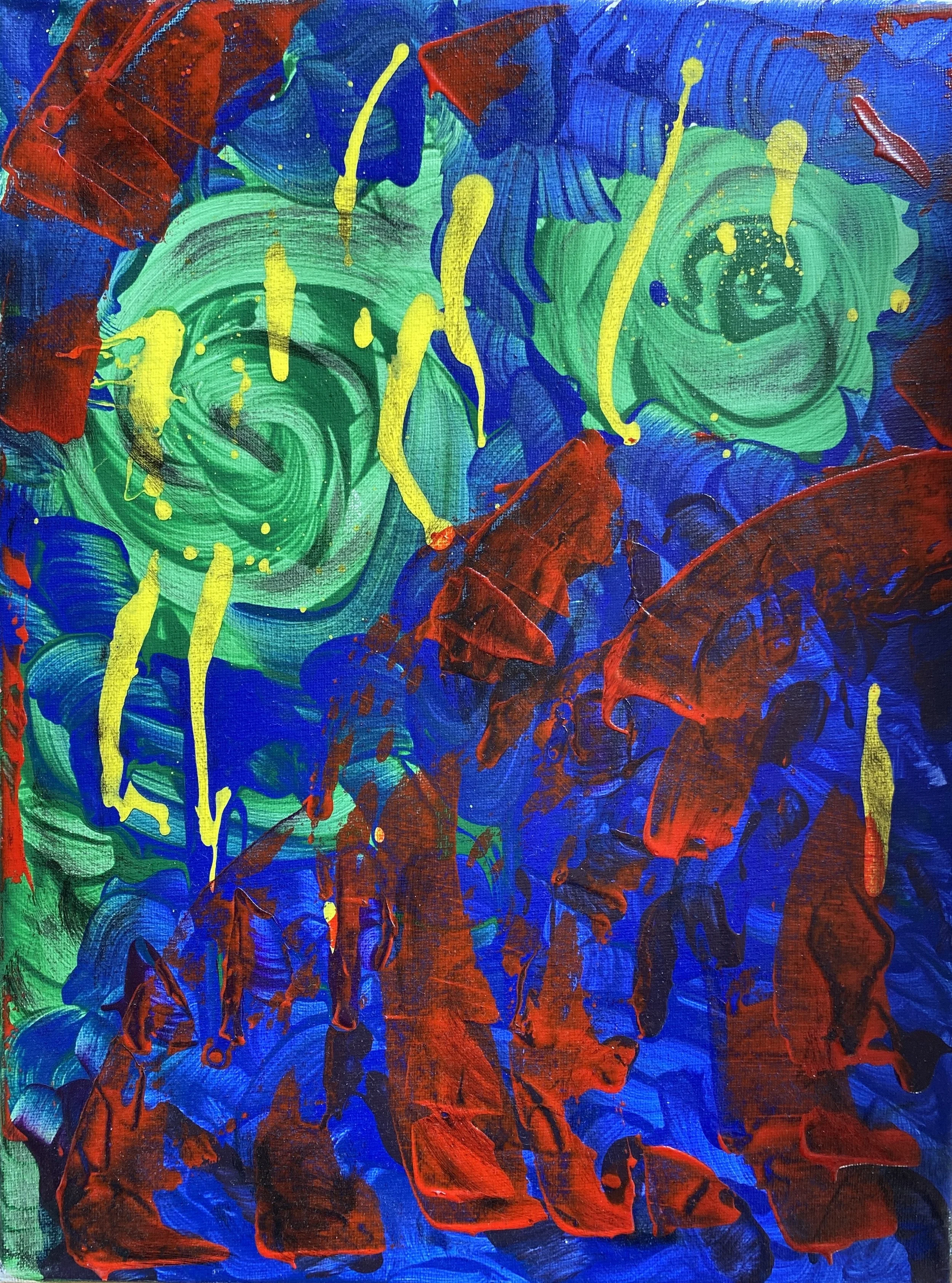 Abstract painting with swirling green roses, red leaves, blue background, and yellow accents.