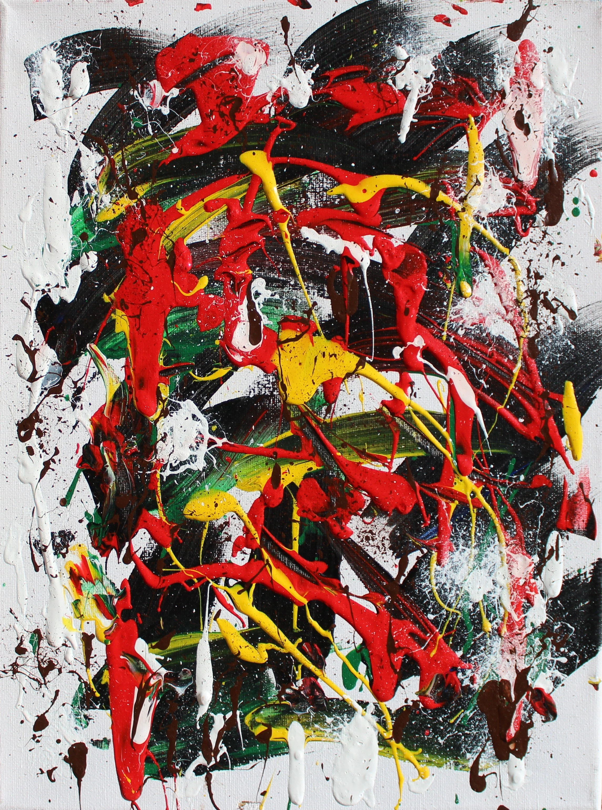 Abstract expressionist painting with splashes and streaks of red, yellow, green, white, and black paint on a white canvas.
