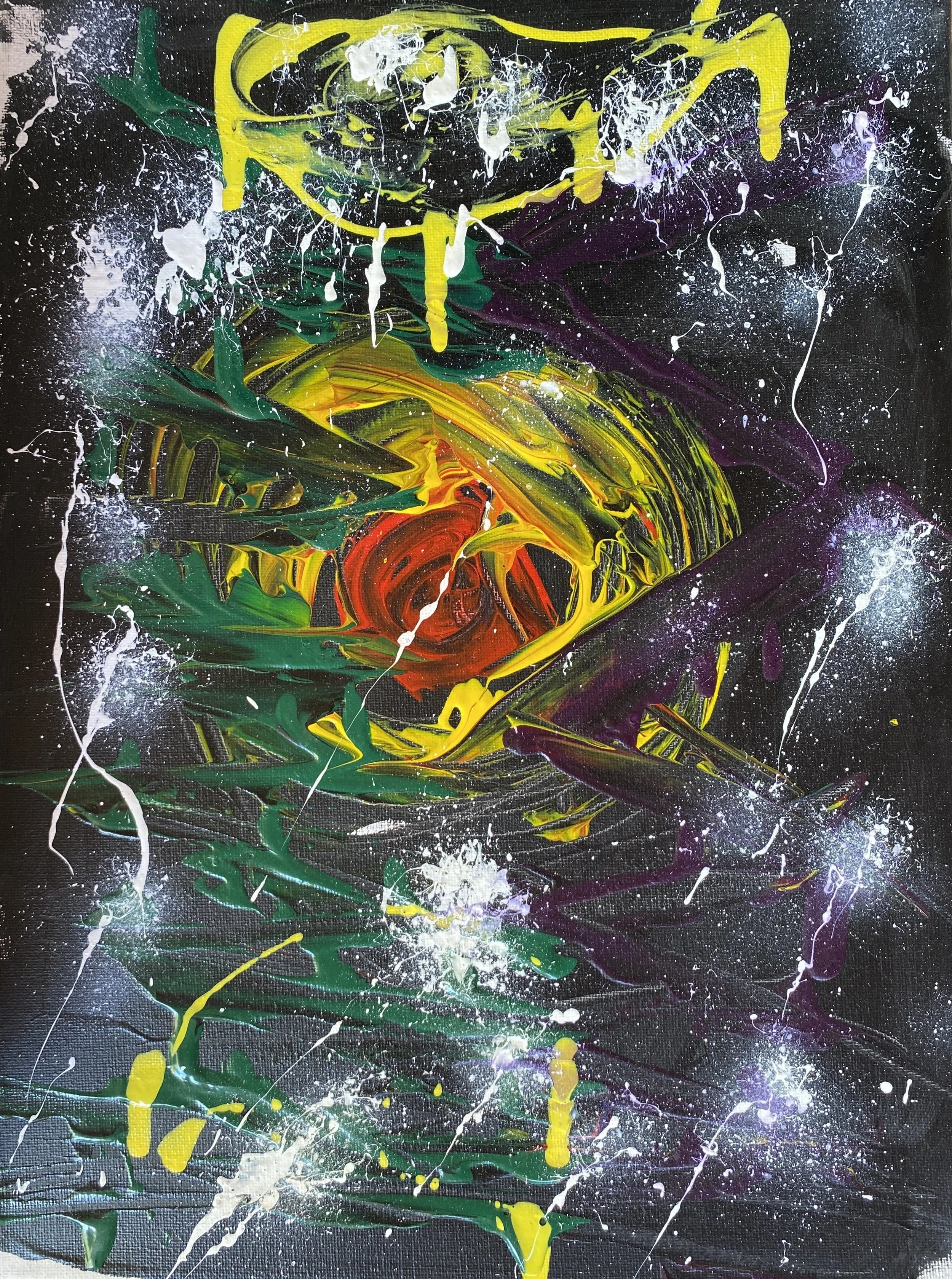 Abstract splattered paint on a black canvas with yellow, white, green, purple, and red colors creating dynamic and chaotic patterns.