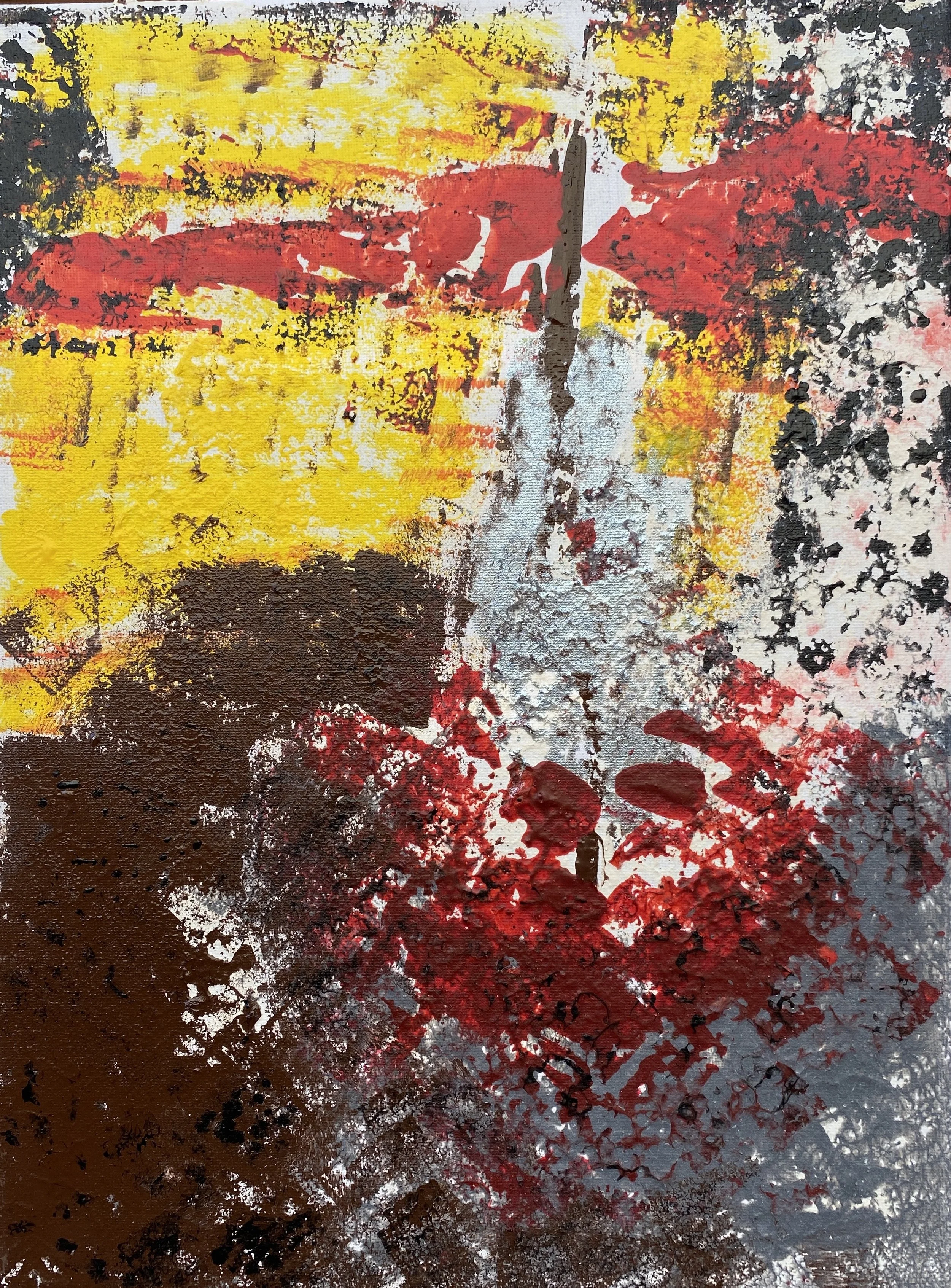 Abstract painting with splashes of yellow, red, black, white, and gray colors blending across a textured canvas.