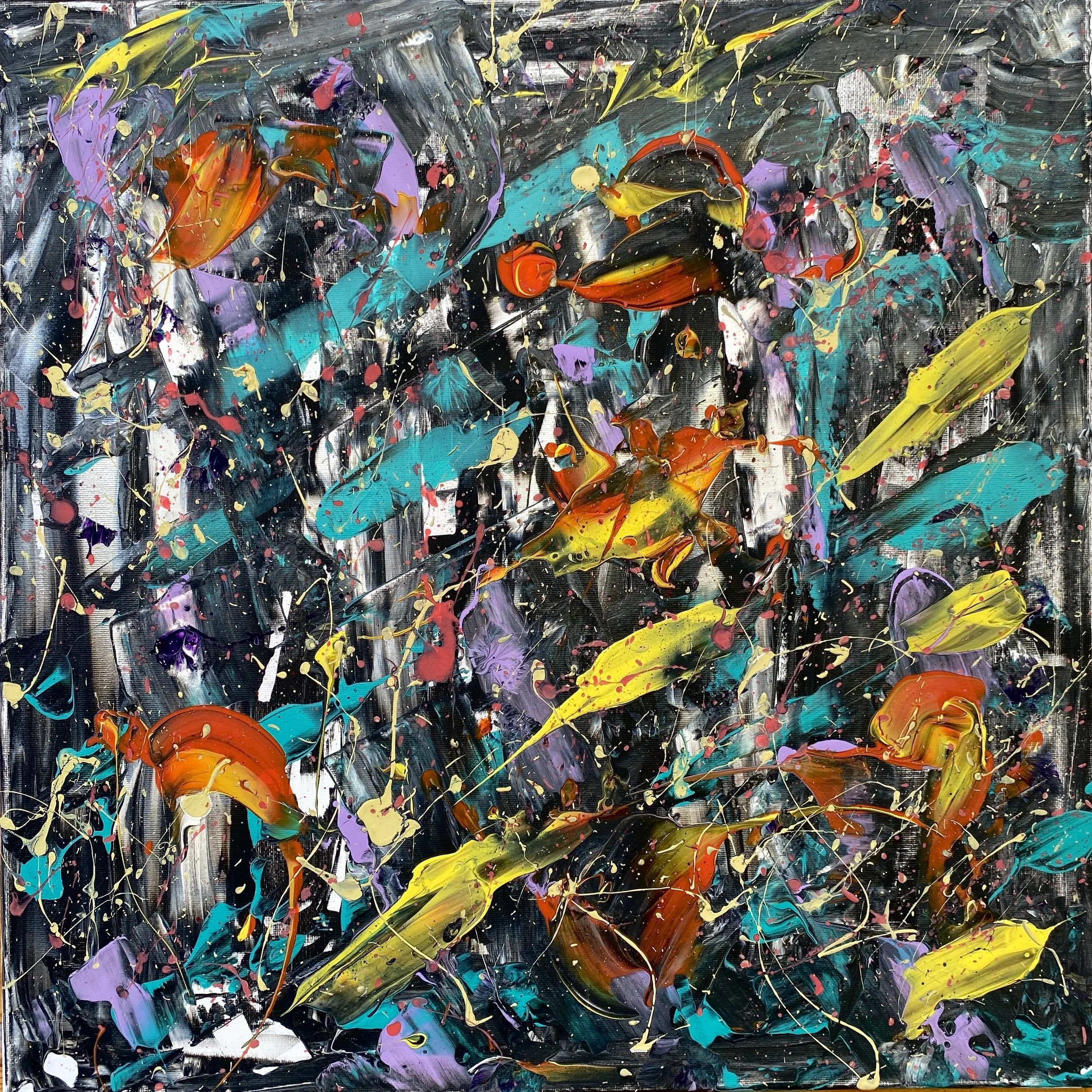 An abstract expressionist painting with bold splashes and streaks of colors like black, yellow, purple, red, blue, and white, creating a chaotic and energetic composition.