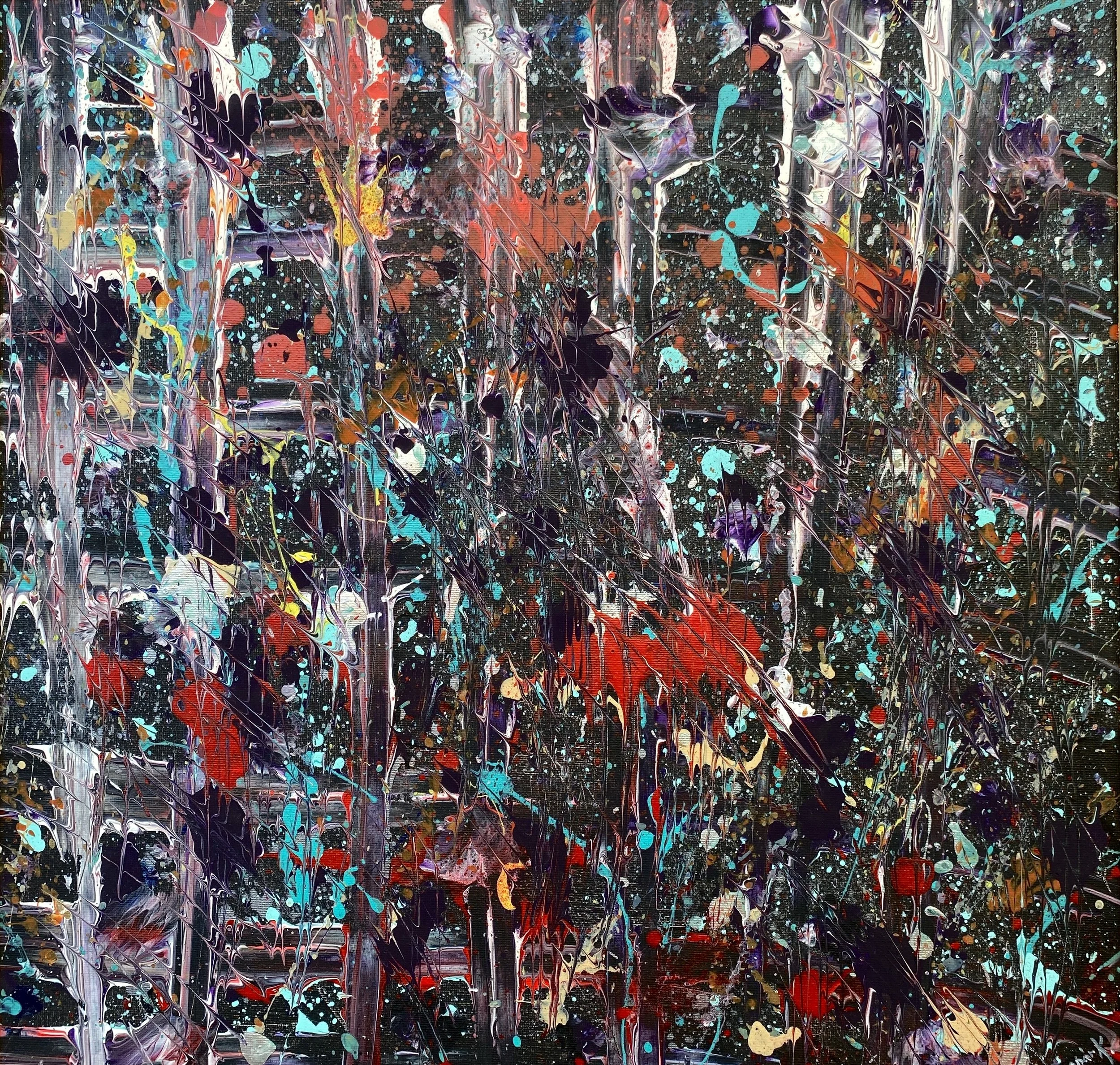 An abstract painting with splashes of various colors including black, white, red, purple, blue, yellow, and orange, featuring drips and streaks of paint creating a dynamic, chaotic composition.