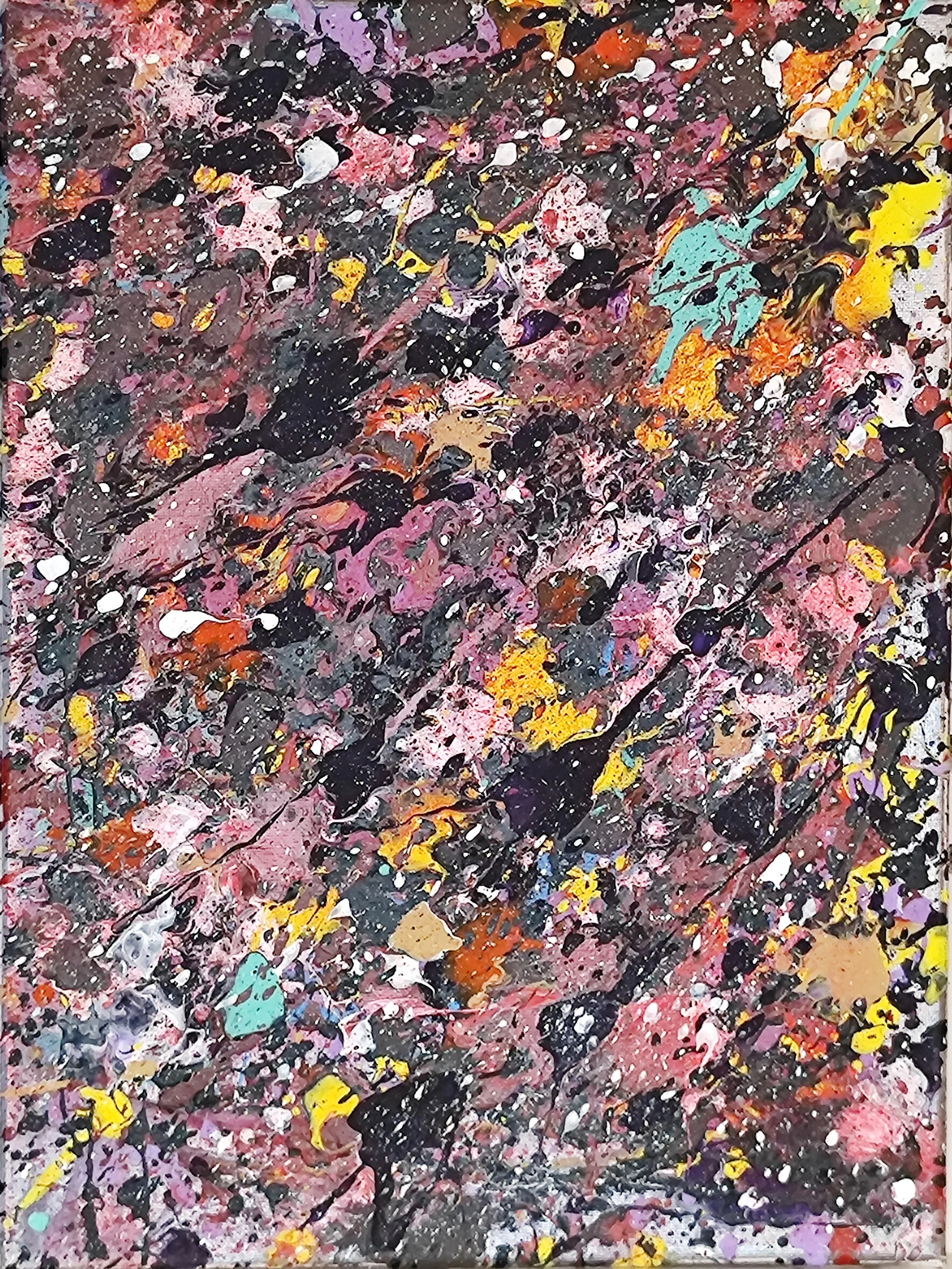Abstract expressionist painting with splatters and drips of black, pink, yellow, orange, purple, blue, and white paint.
