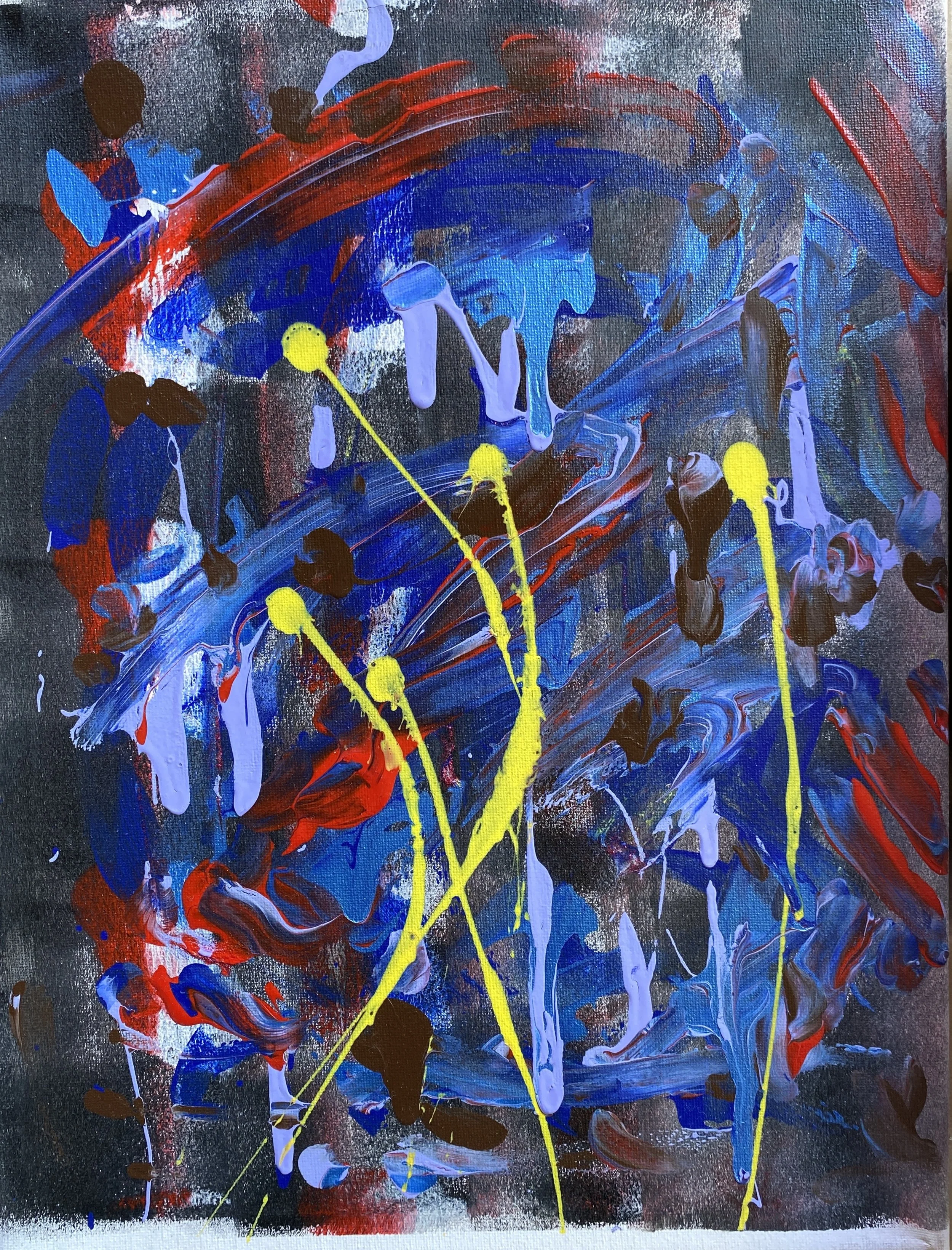 An abstract painting with splashes of red, blue, yellow, white, and black paint on a black canvas background.