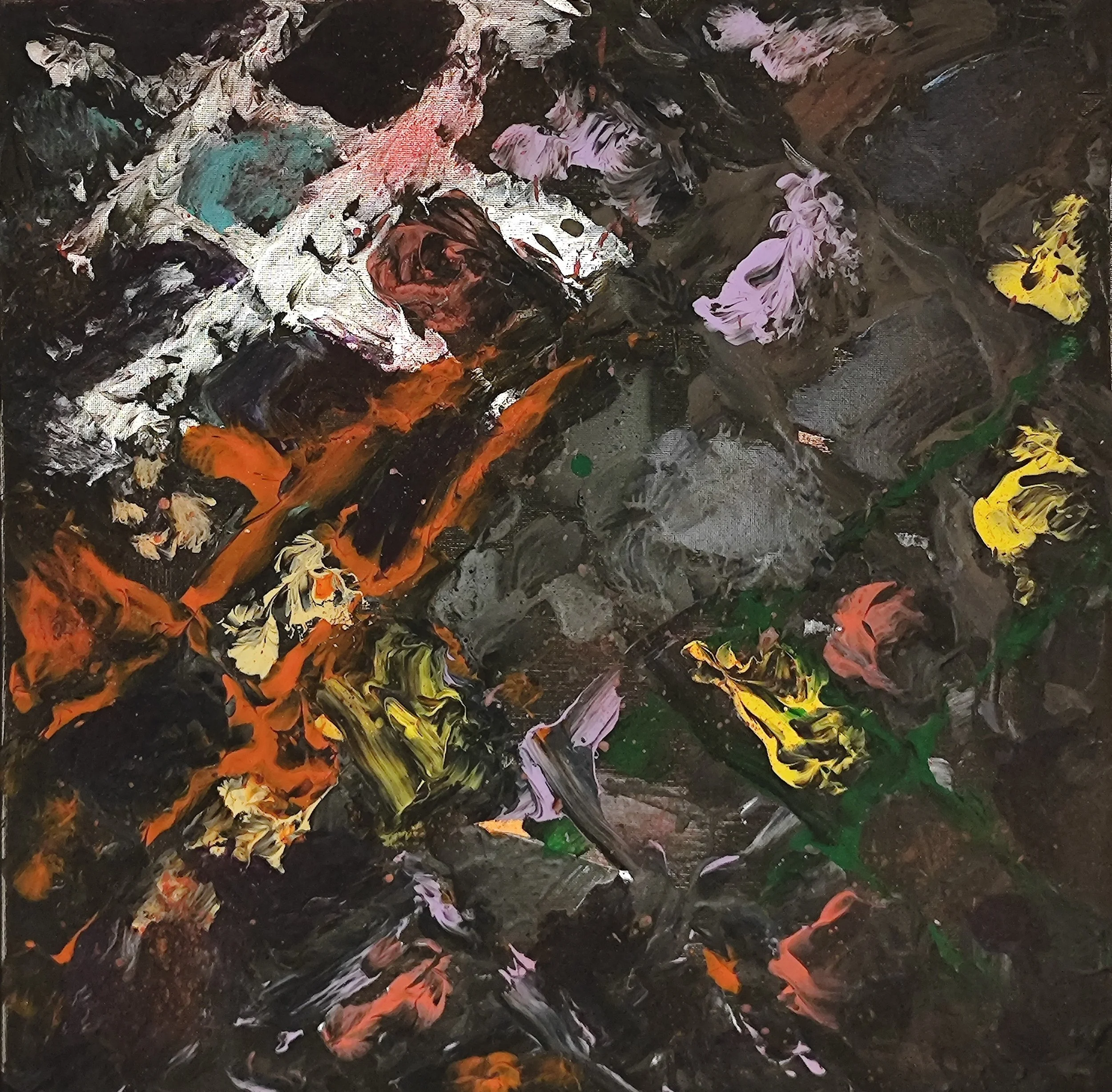 Abstract painting with bold brushstrokes in black, white, pink, orange, yellow, green, and purple colors.