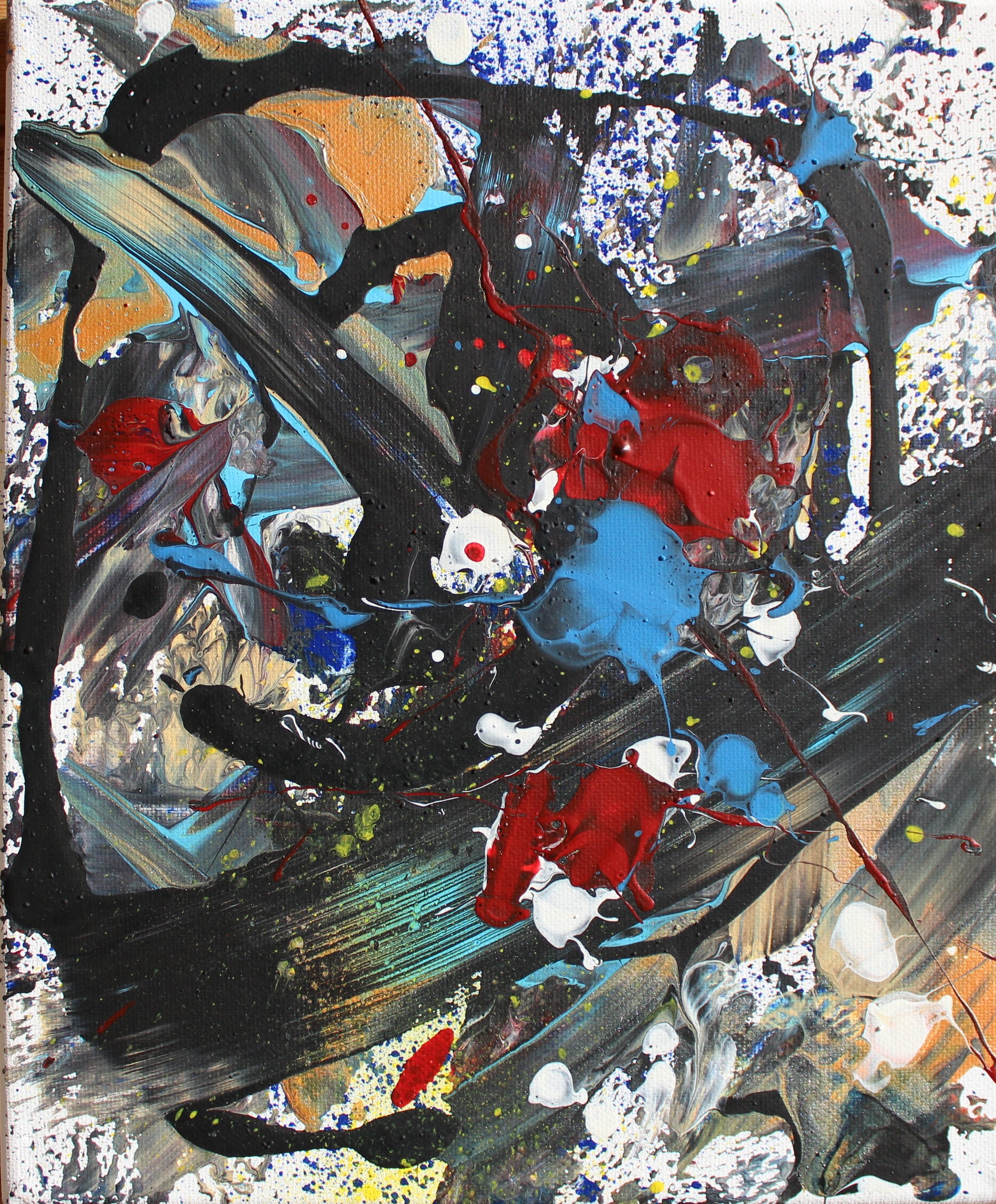 Abstract painting with black, red, blue, white, yellow, and beige splashes and strokes of paint on a canvas.