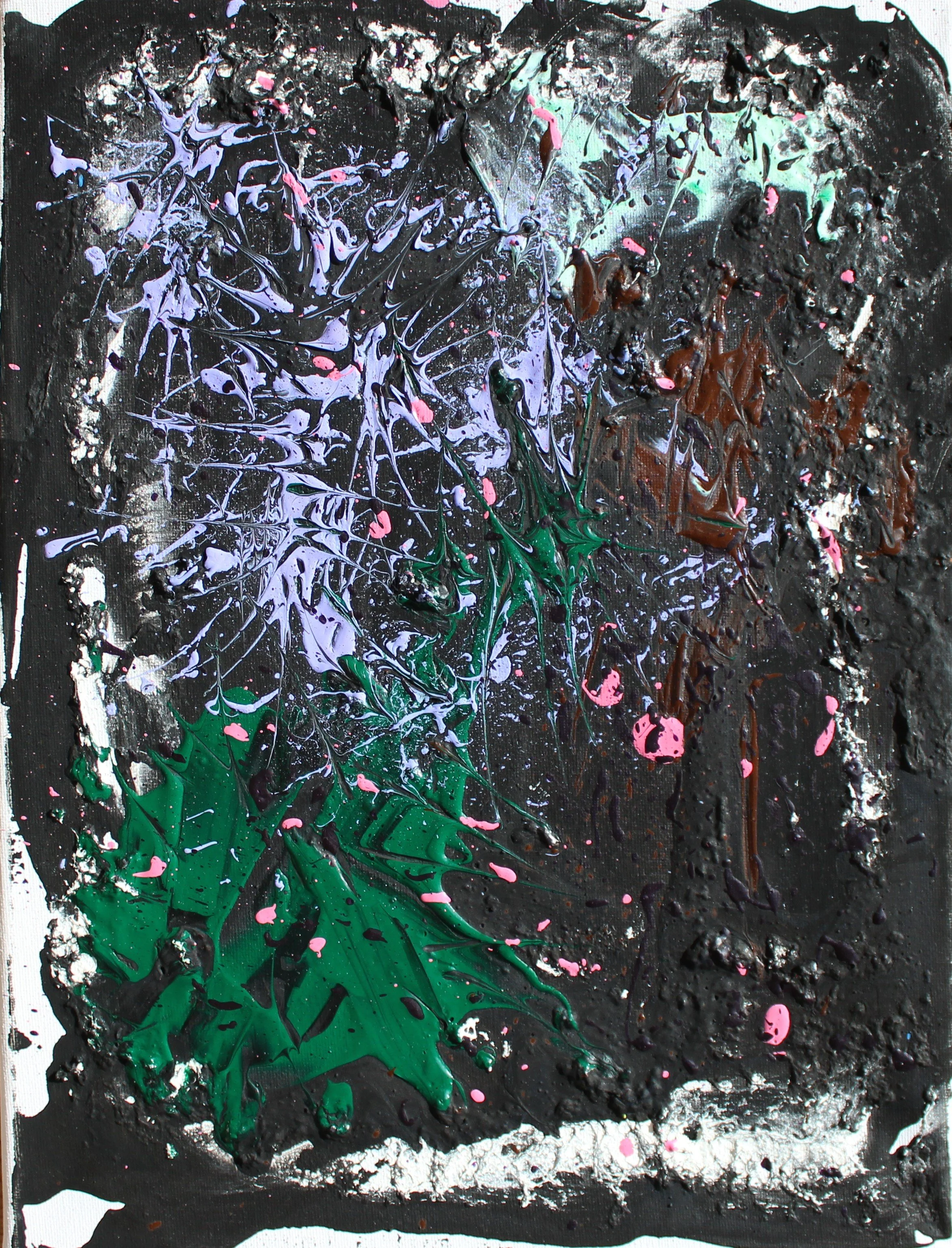 Abstract painting with black background, green leaves, purple and pink paint splatters, and textured white and brown paint.
