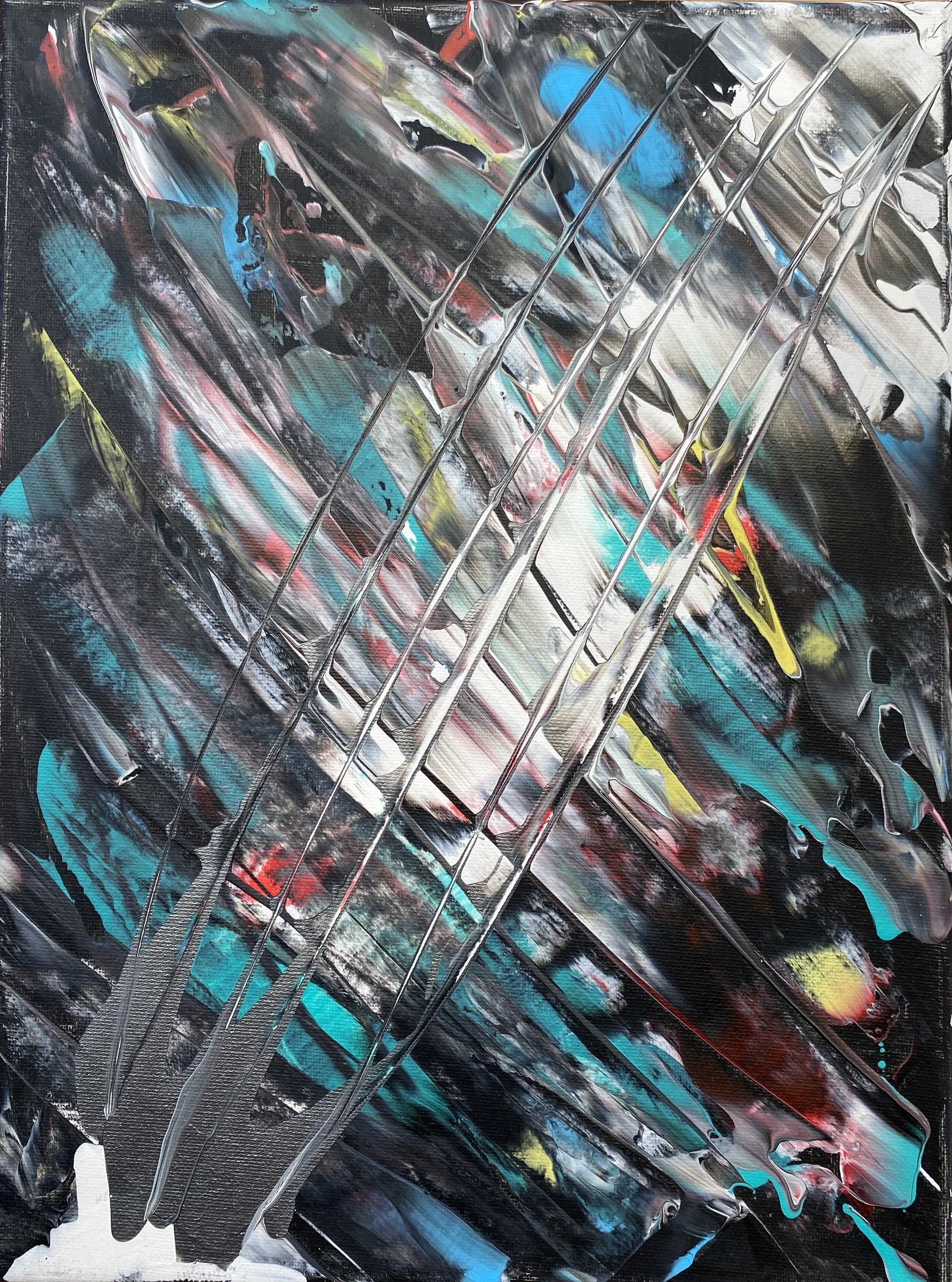 Abstract painting with dark background featuring streaks and splashes of vibrant colors including turquoise, yellow, red, pink, and white. The painting has dynamic, sweeping brushstrokes and textured areas with layered paint, creating a sense of movement and depth.
