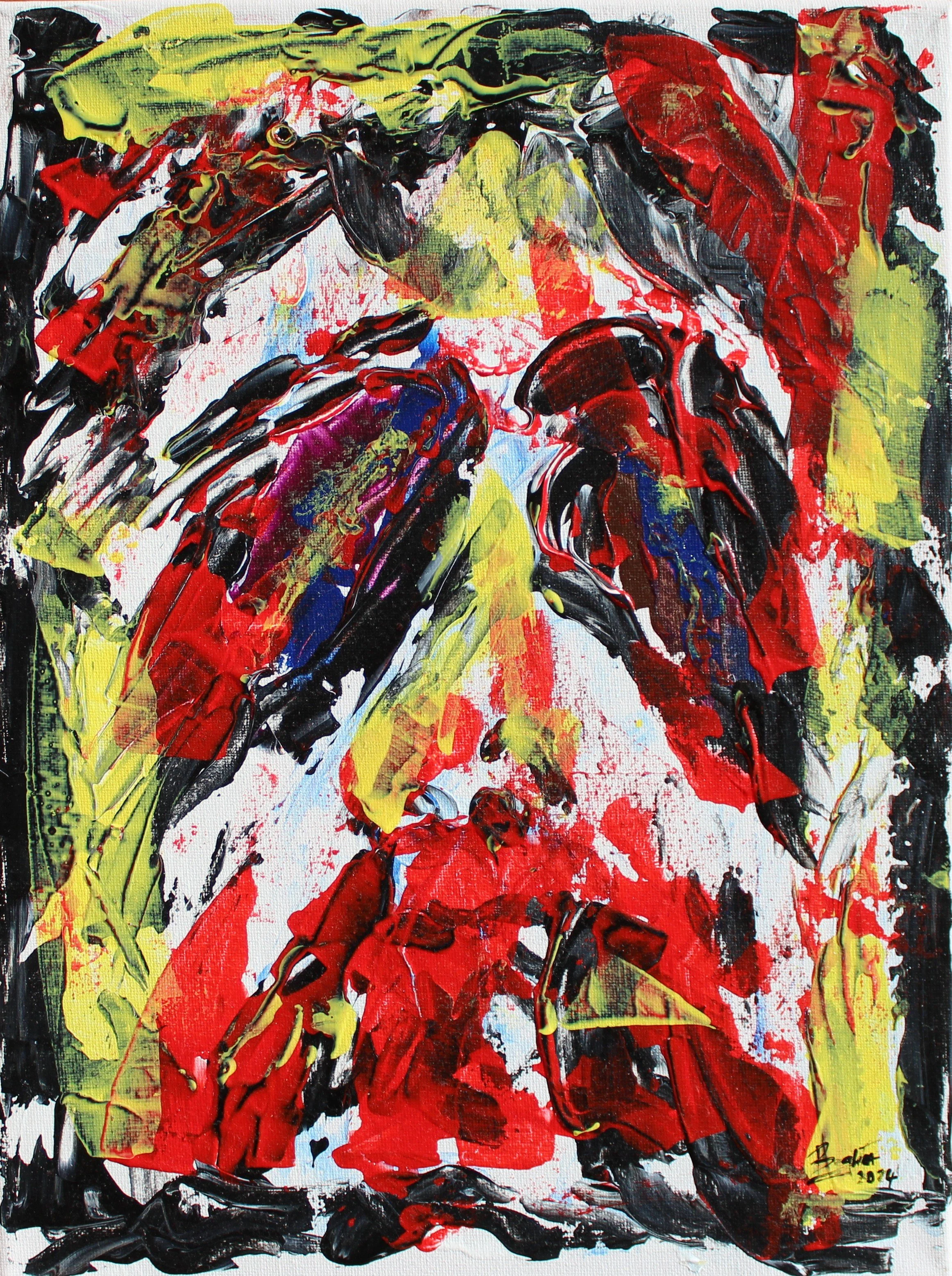 Abstract expressionist painting with bold strokes of red, yellow, black, green, and hints of blue and white, creating a chaotic and energetic composition.