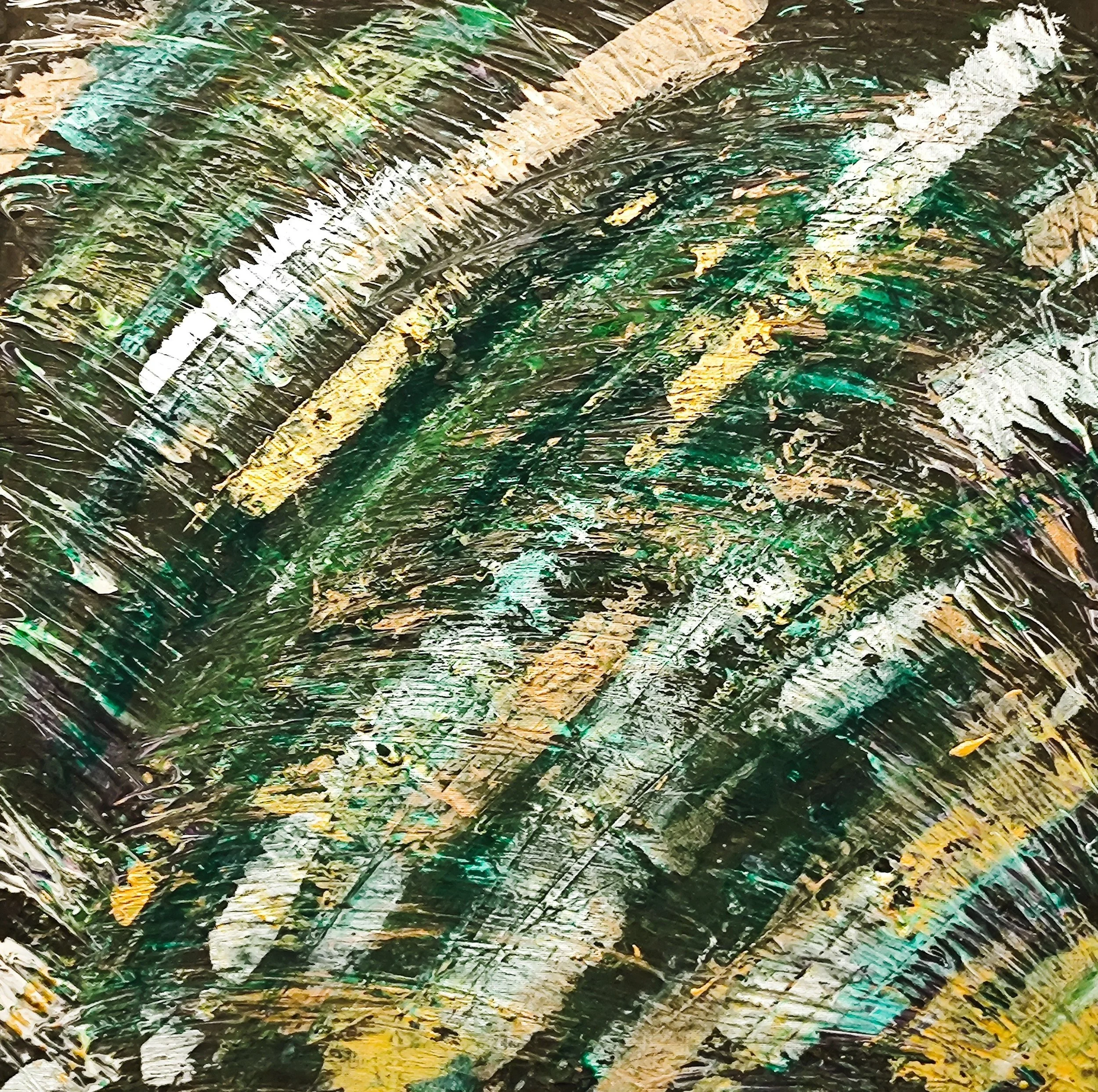 Abstract painting with dark green, black, yellow, and beige brushstrokes, creating textured swirls and layered patterns.