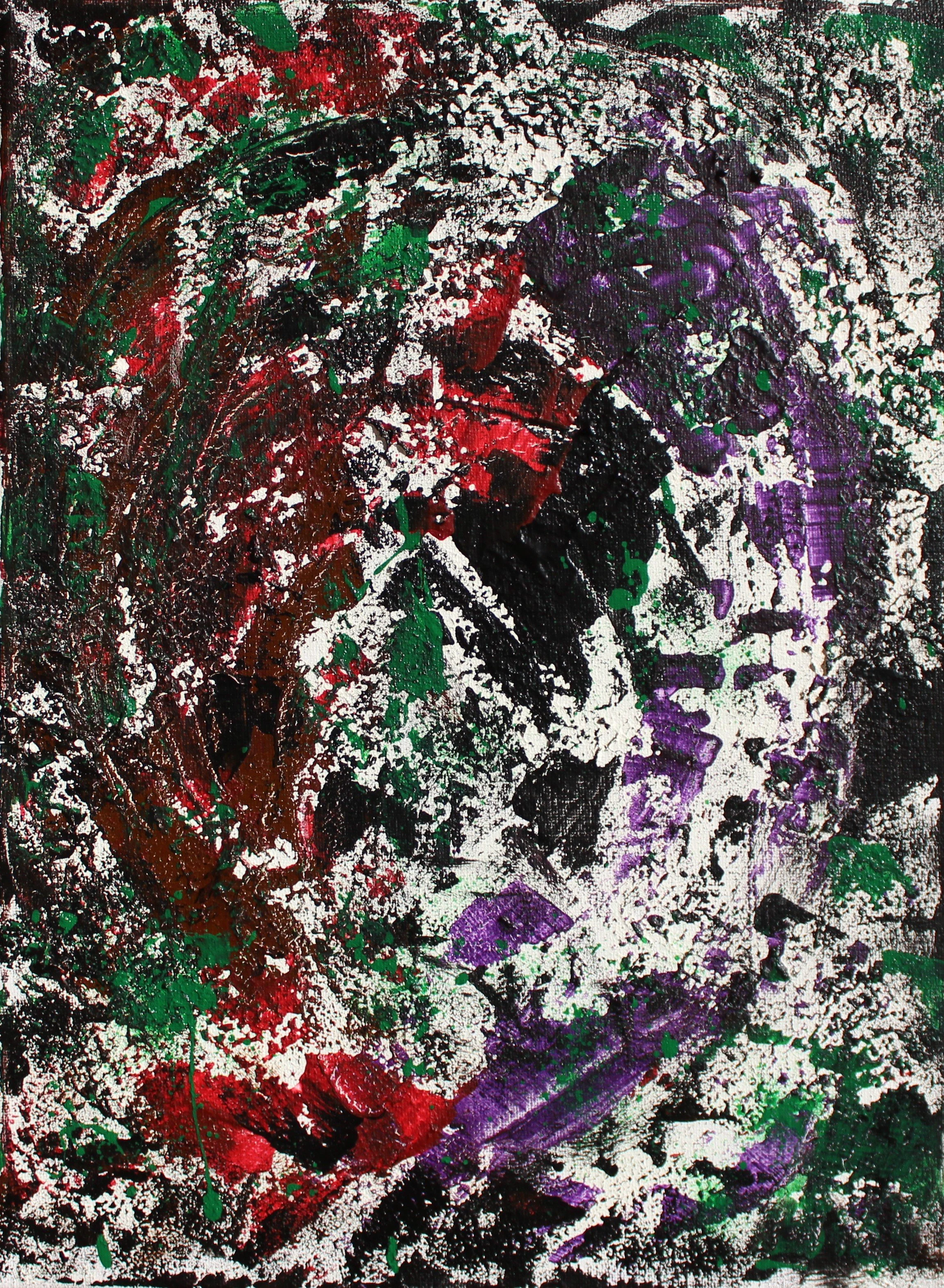 Abstract painting with black, white, green, red, and purple splashes and textured strokes.