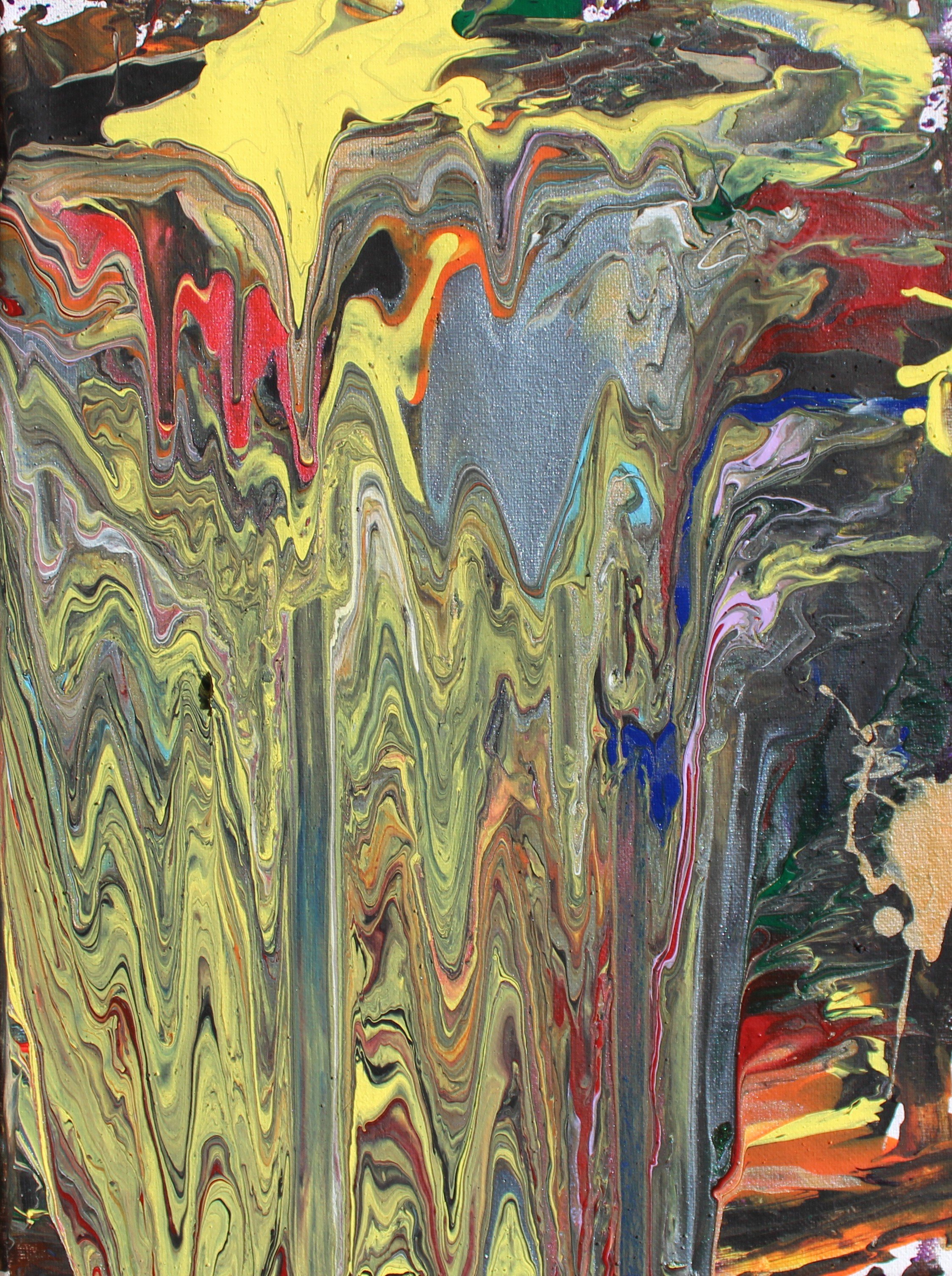 Abstract painting with yellow, red, blue, black, green, purple, and brown swirling colors on canvas.