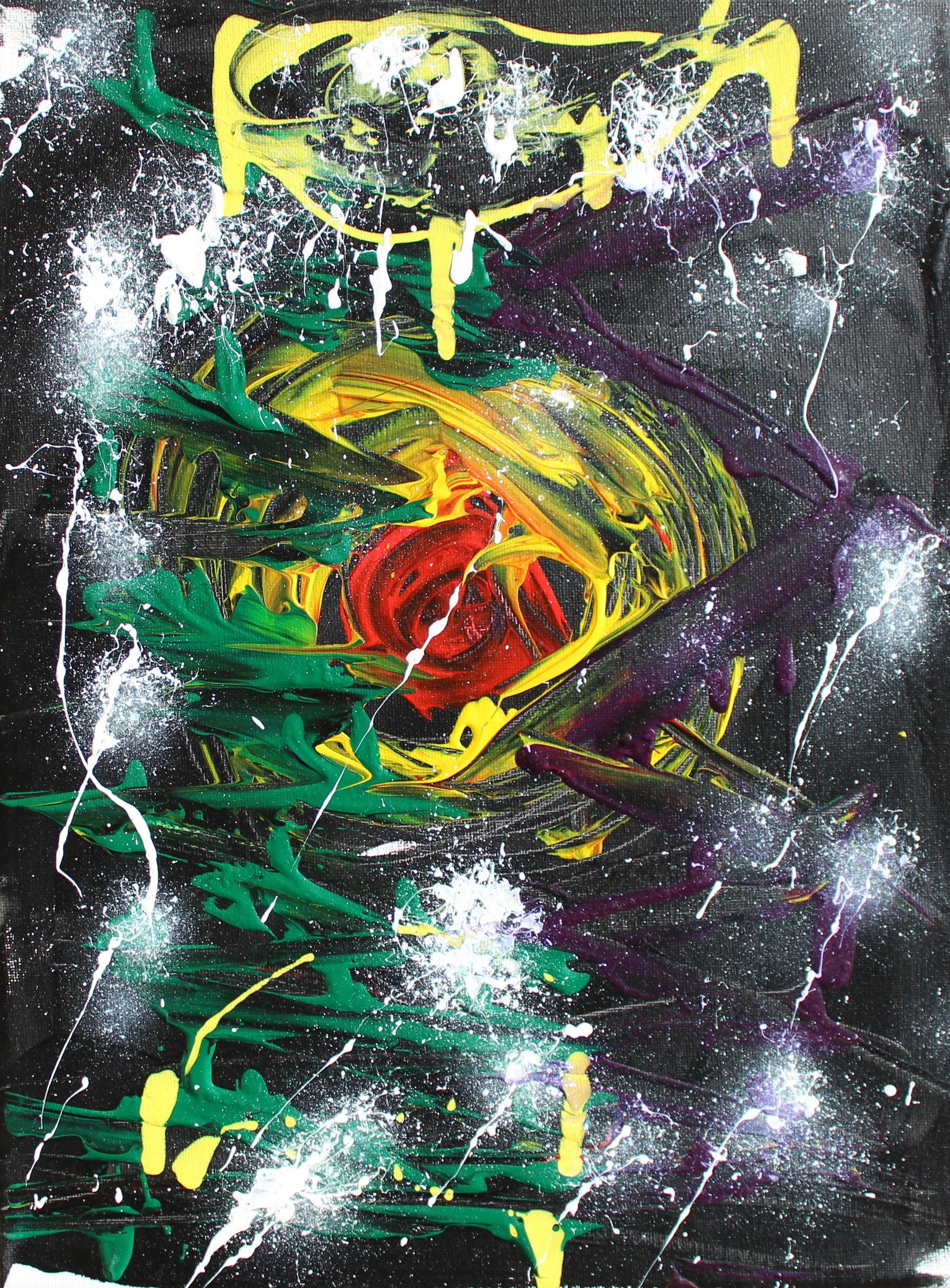 Abstract painting with a black background, featuring a central red and yellow swirl surrounded by green, purple, and white splatters and drips.
