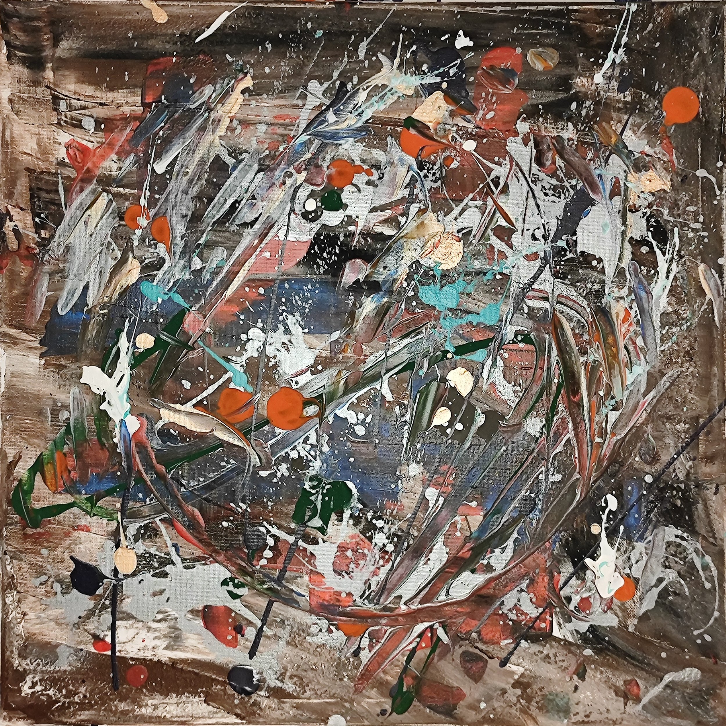Abstract expressionist painting with a wooden background, featuring splatters and streaks of various colors including white, orange, black, blue, green, and red.