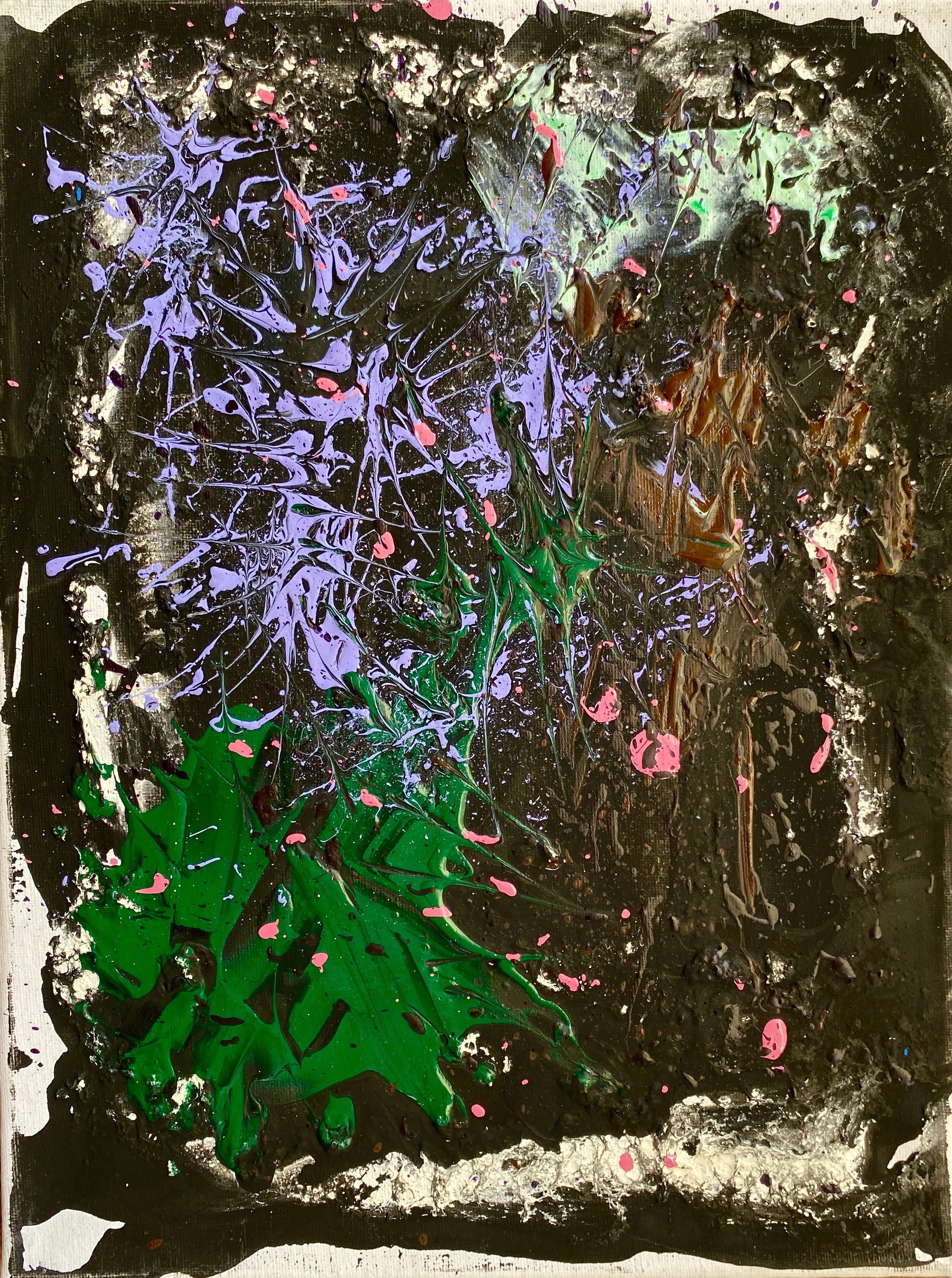 Abstract expressionist painting with black background, green, purple, pink, and brown paint splatters and drips.