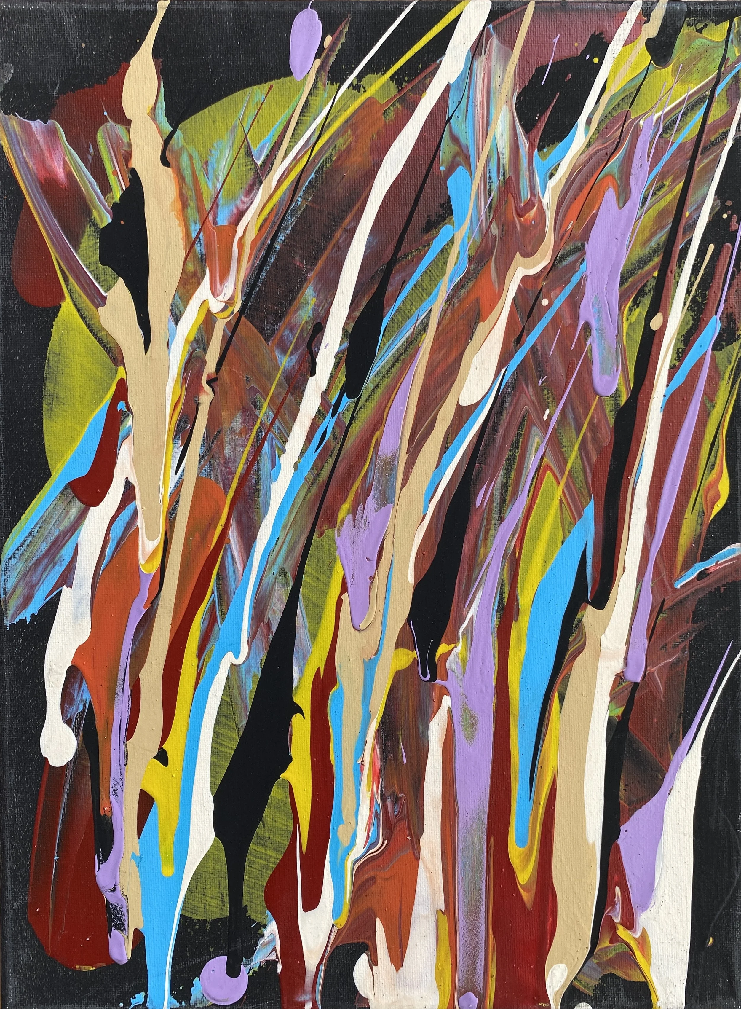 Abstract acrylic painting with vibrant, flowing streaks of paint in blue, purple, red, yellow, black, beige, and green on a dark background.