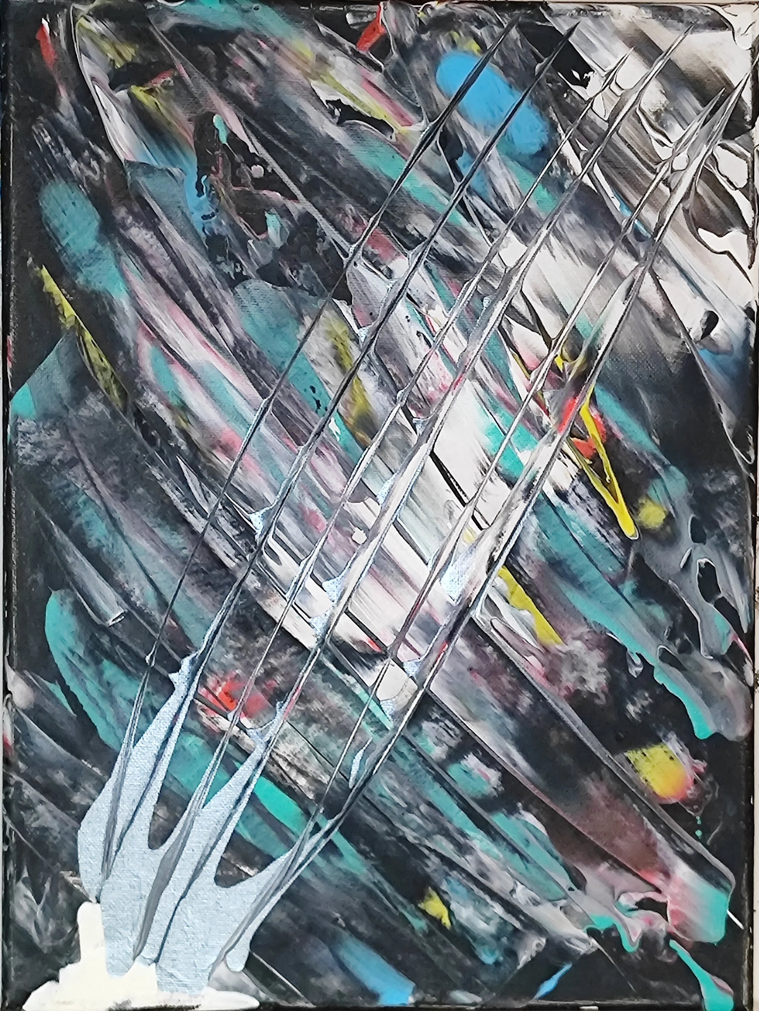 Abstract painting with black, white, pink, yellow, and blue colors, featuring a metallic fork integrated into the artwork.