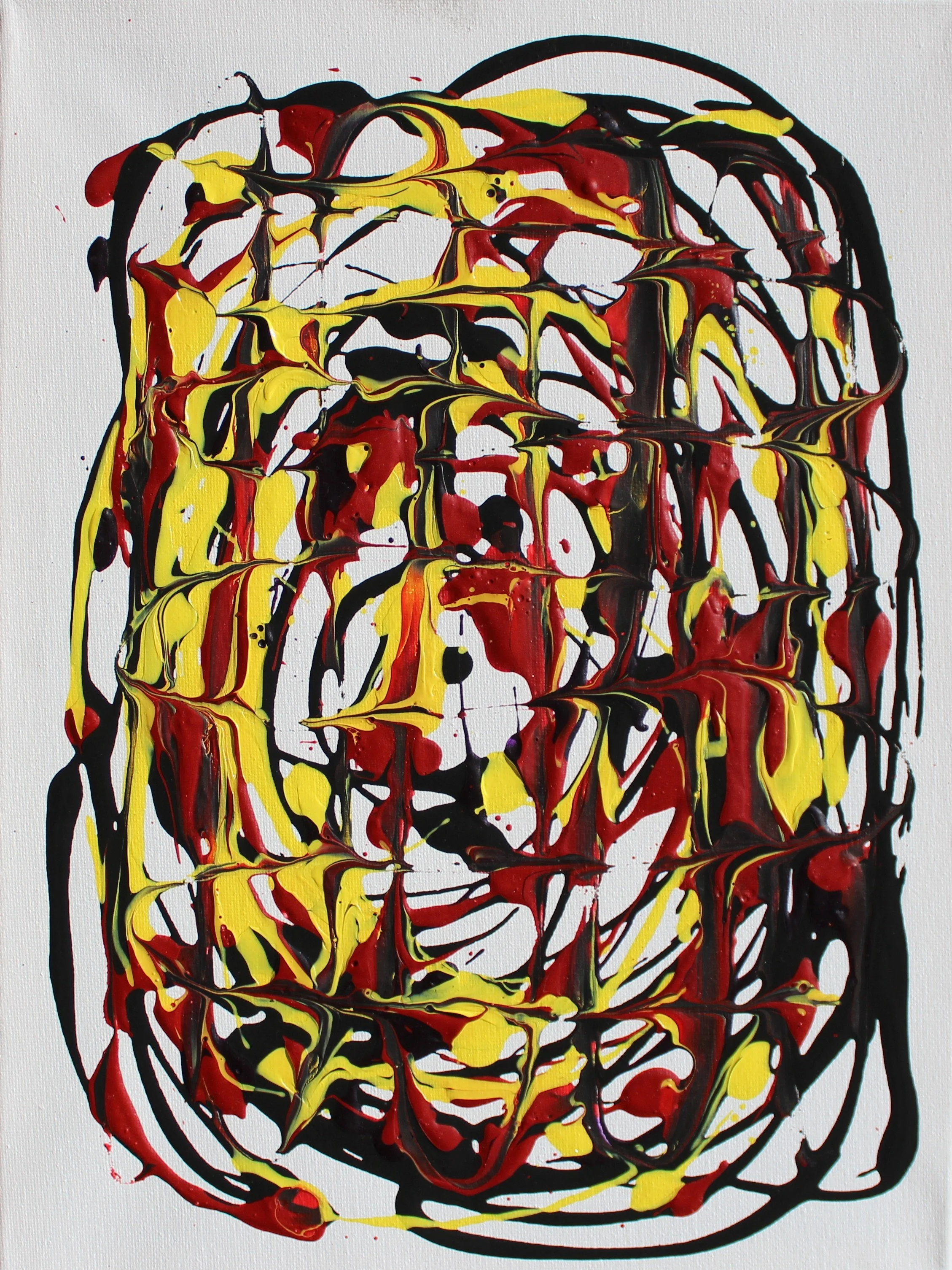 Abstract artwork with black, yellow, and red paint splatters on a white canvas, creating a chaotic and expressive pattern.