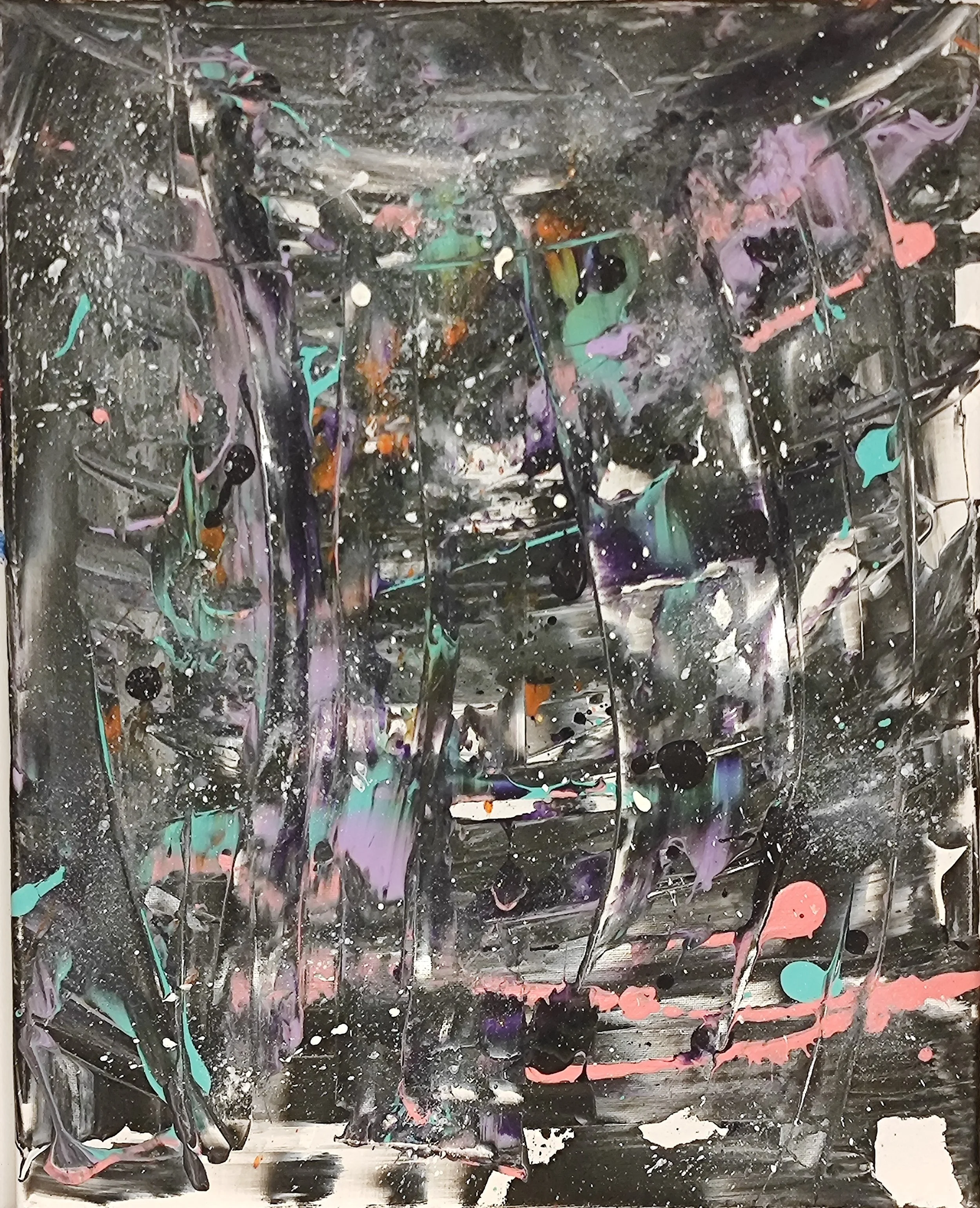 Abstract expressionist painting with splatters and streaks of black, purple, teal, pink, and orange on a grayish background.