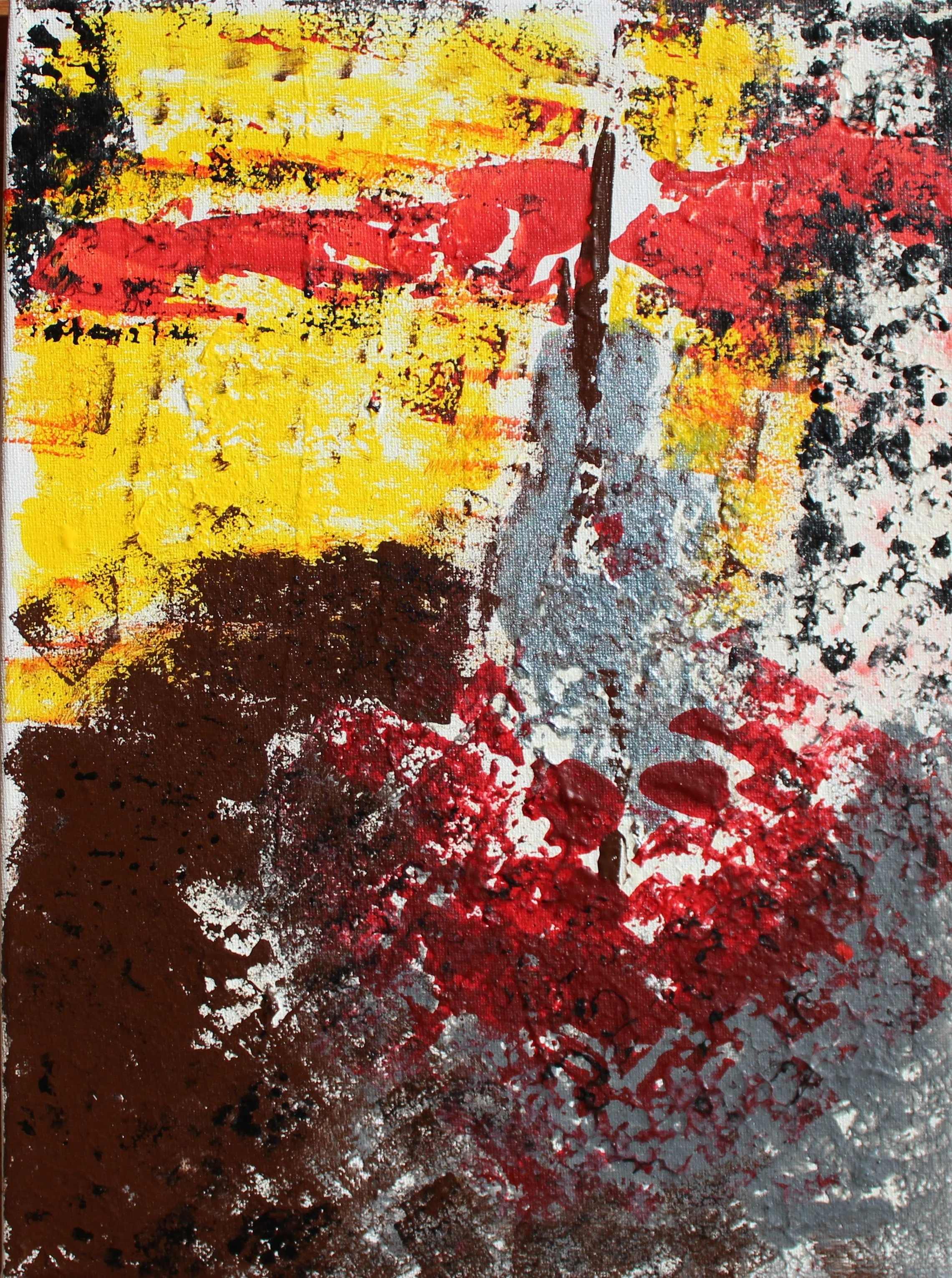 Abstract painting with vivid splashes of yellow, red, black, brown, and gray, resembling a landscape with trees and a path.