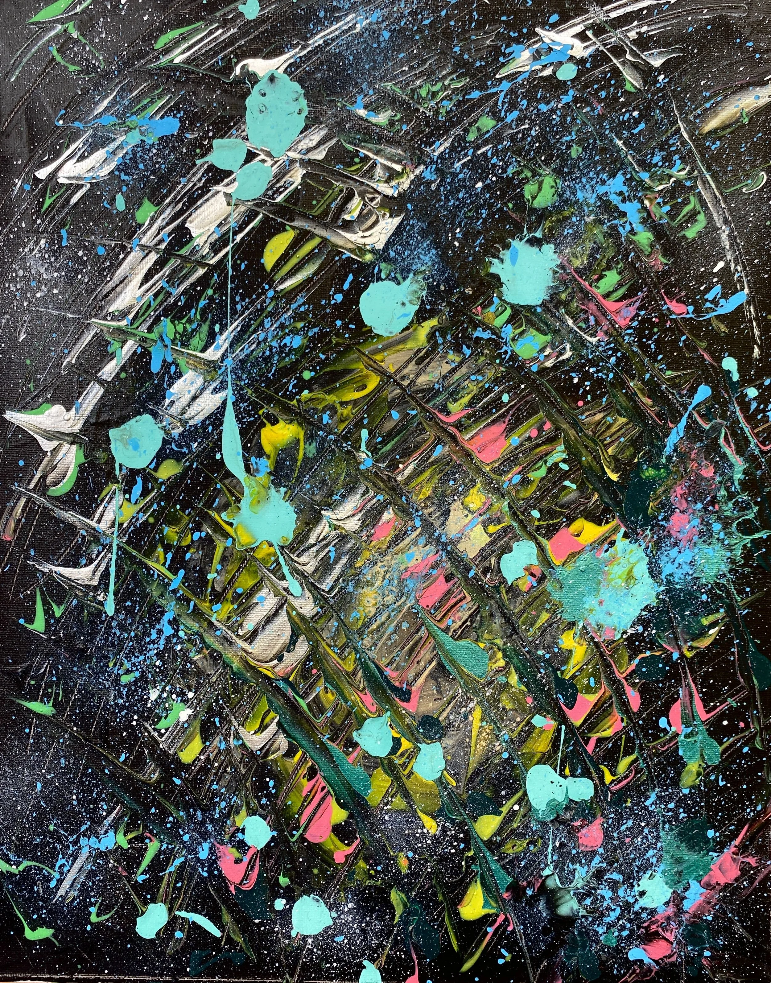 Abstract expressionist painting with black background, bright splashes and streaks of blue, pink, green, yellow, white, and turquoise paint, and textured brushstrokes.