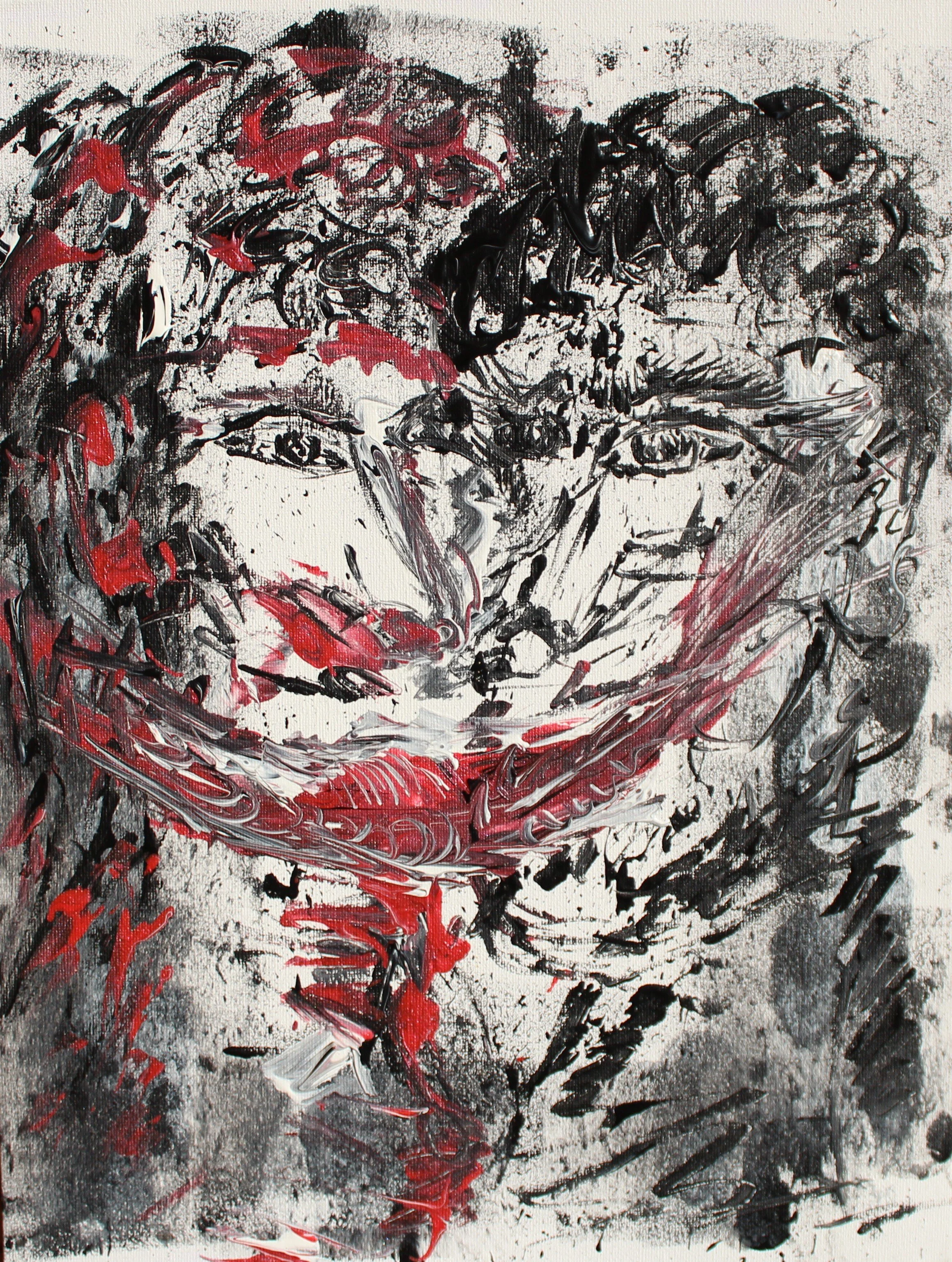 Abstract painting of a woman with curly hair holding a glass of red wine, with expressive brushstrokes in black, white, and red.