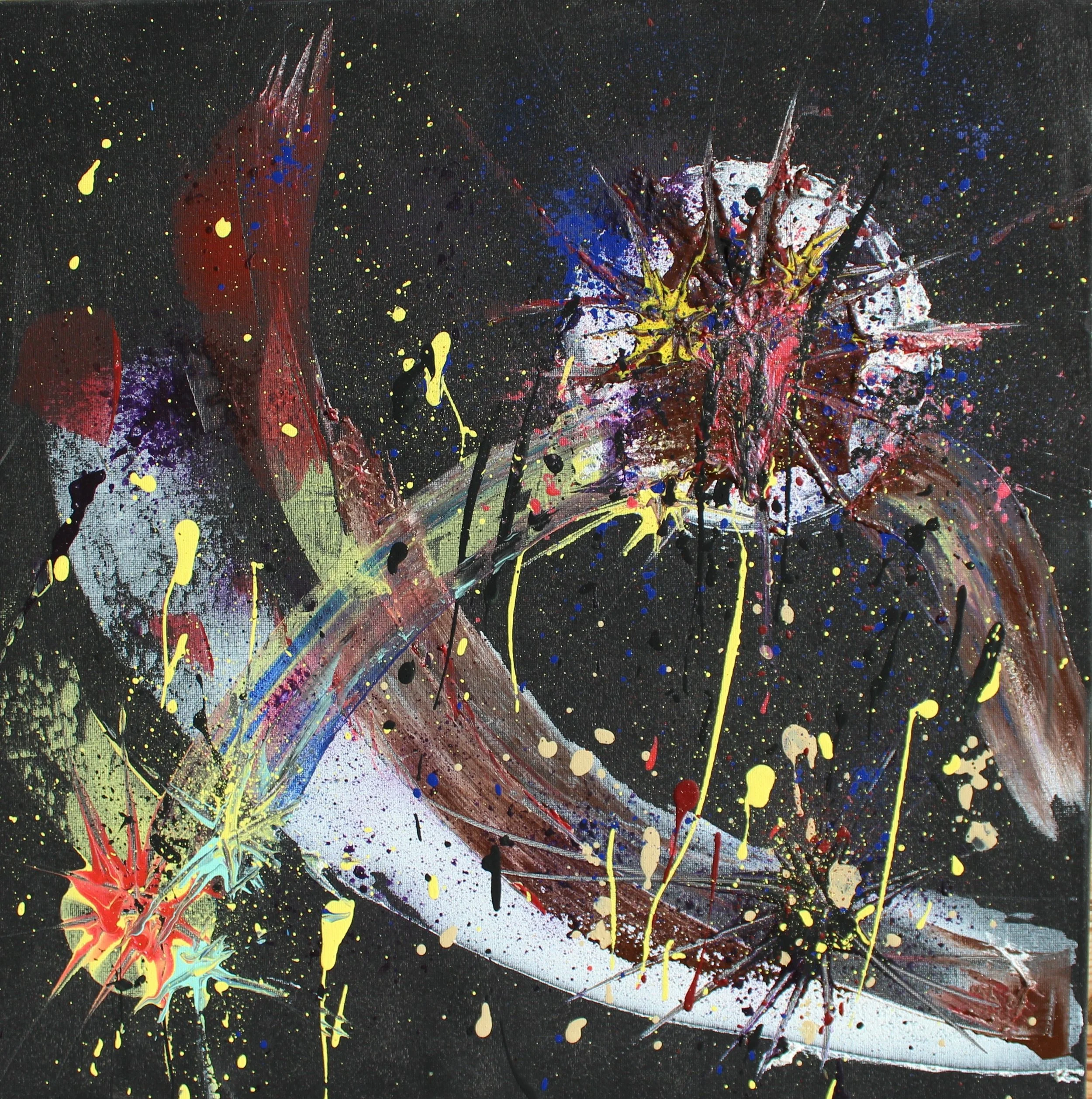 Abstract painting with black background, splashes of yellow, red, blue, purple, and white paint, featuring star-like bursts and sweeping arcs.