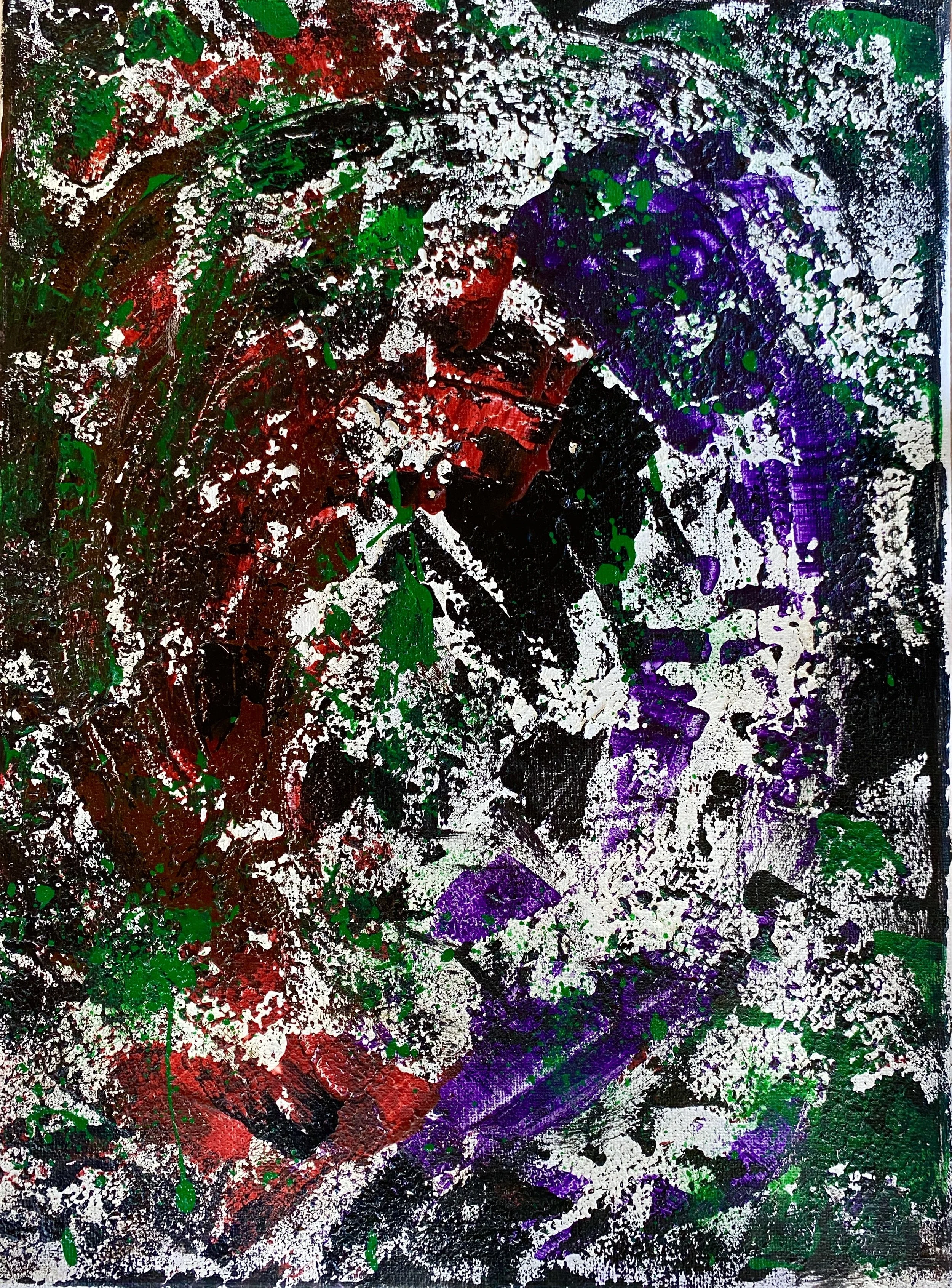 An abstract painting with splashes of purple, red, green, black, and white paints, creating a textured, chaotic appearance.